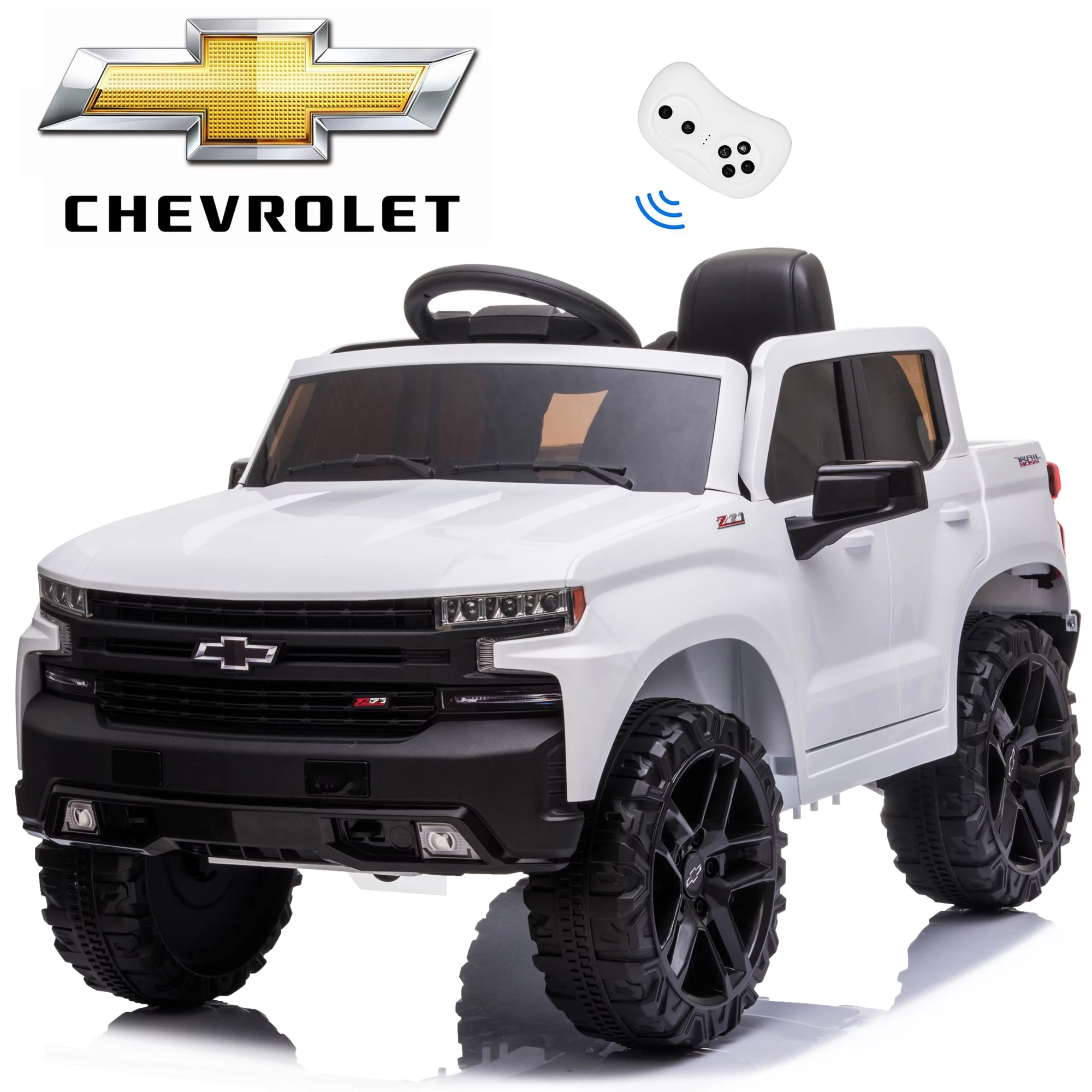Chevrolet Silverado 12V Powered Ride on Cars for Kids, Remote Control, LED Light, MP3 Player, Electric Ride on Toys Truck for Boys Girls Gifts, White - Womvr