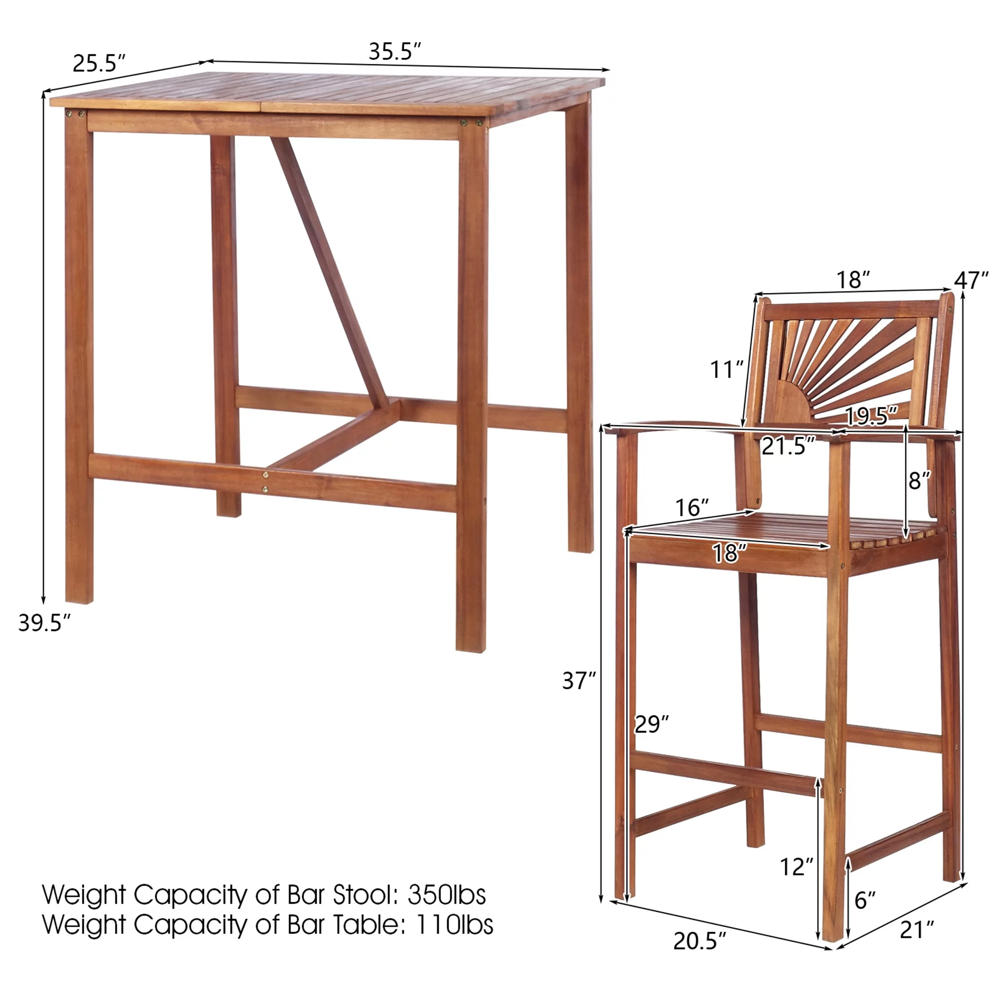 Gymax 3PCS Patio Acacia Wood Bar Table & Stool Set Outdoor Dining Bistro Set - Womvr