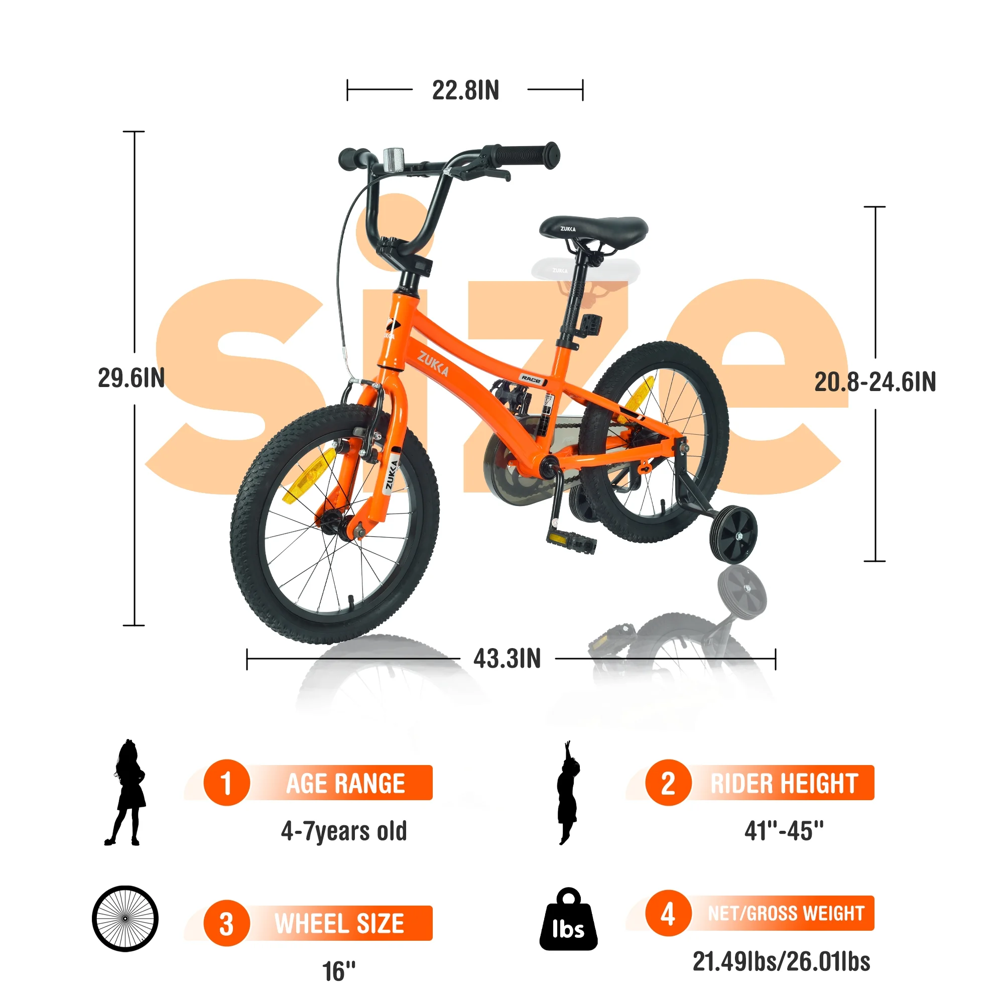 Arnahaishe 16 Inch Kids Bike with Training Wheels Boys Girls Bicycle for Age 4-7 Years Old, Orange - Womvr