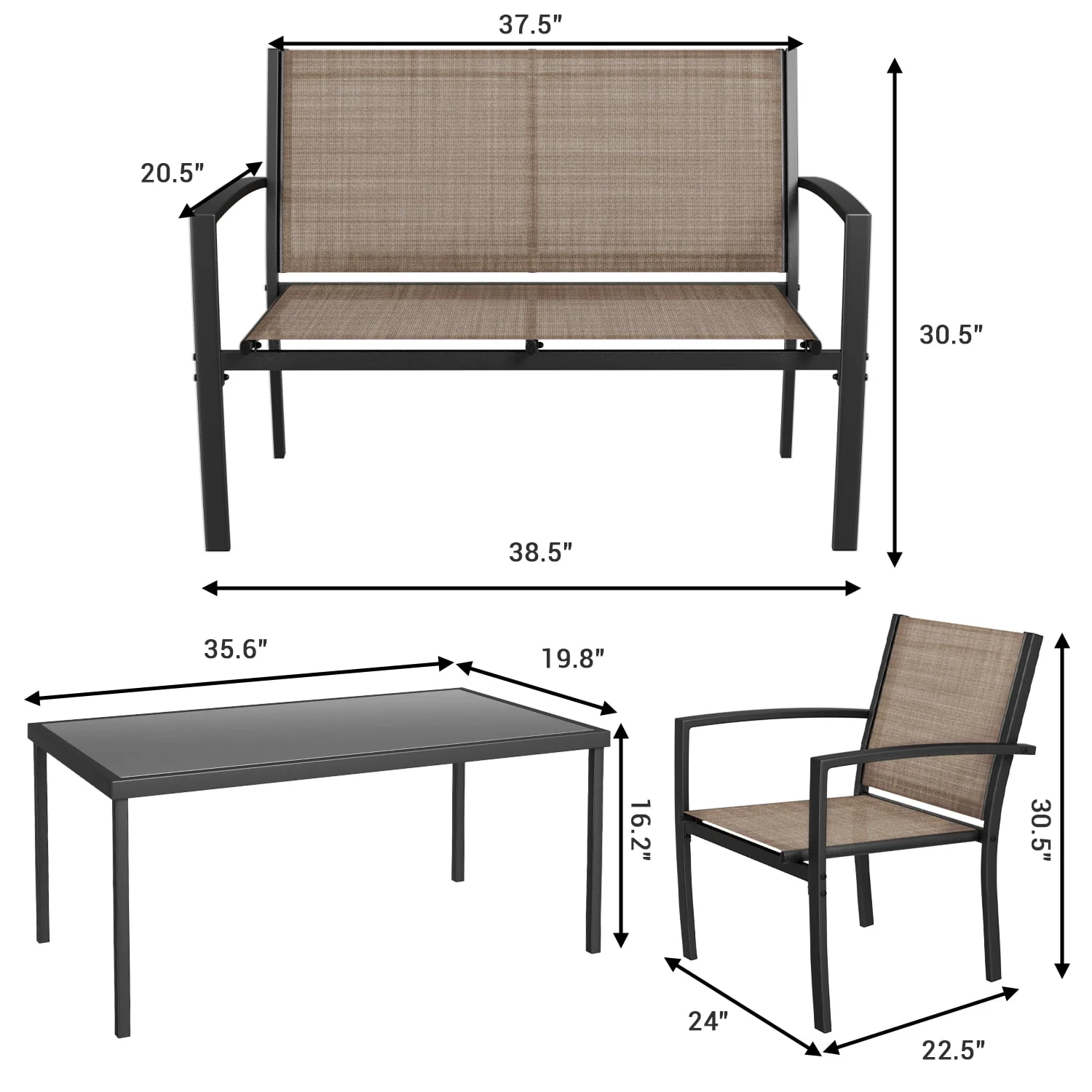 LACOO 4 Pieces Outdoor Furniture Set Patio Textilene Steel Conversation Set with Loveseat Tea Table for Lawn and Balcony, Black - Womvr