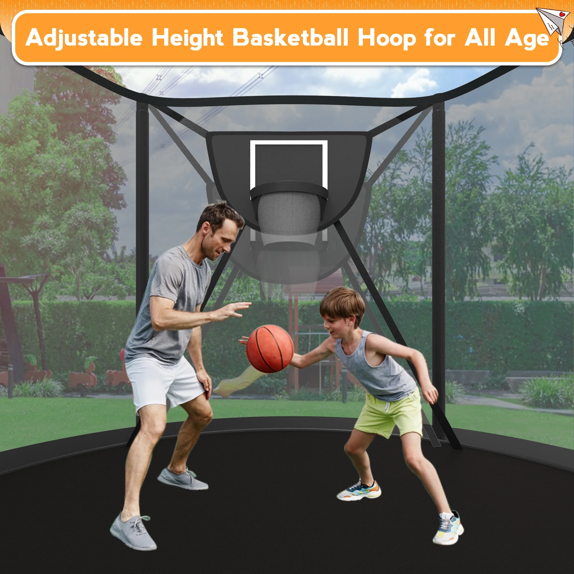 KOFUN Trampoline with Adjustable Basketball Hoop & Light, 1500lbs 10FT 12FT 14FT 16FT Trampoline for Adults and Kids, No Gap Design Backyard Trampoline with Enclosure Net, Ladder, Green - Womvr