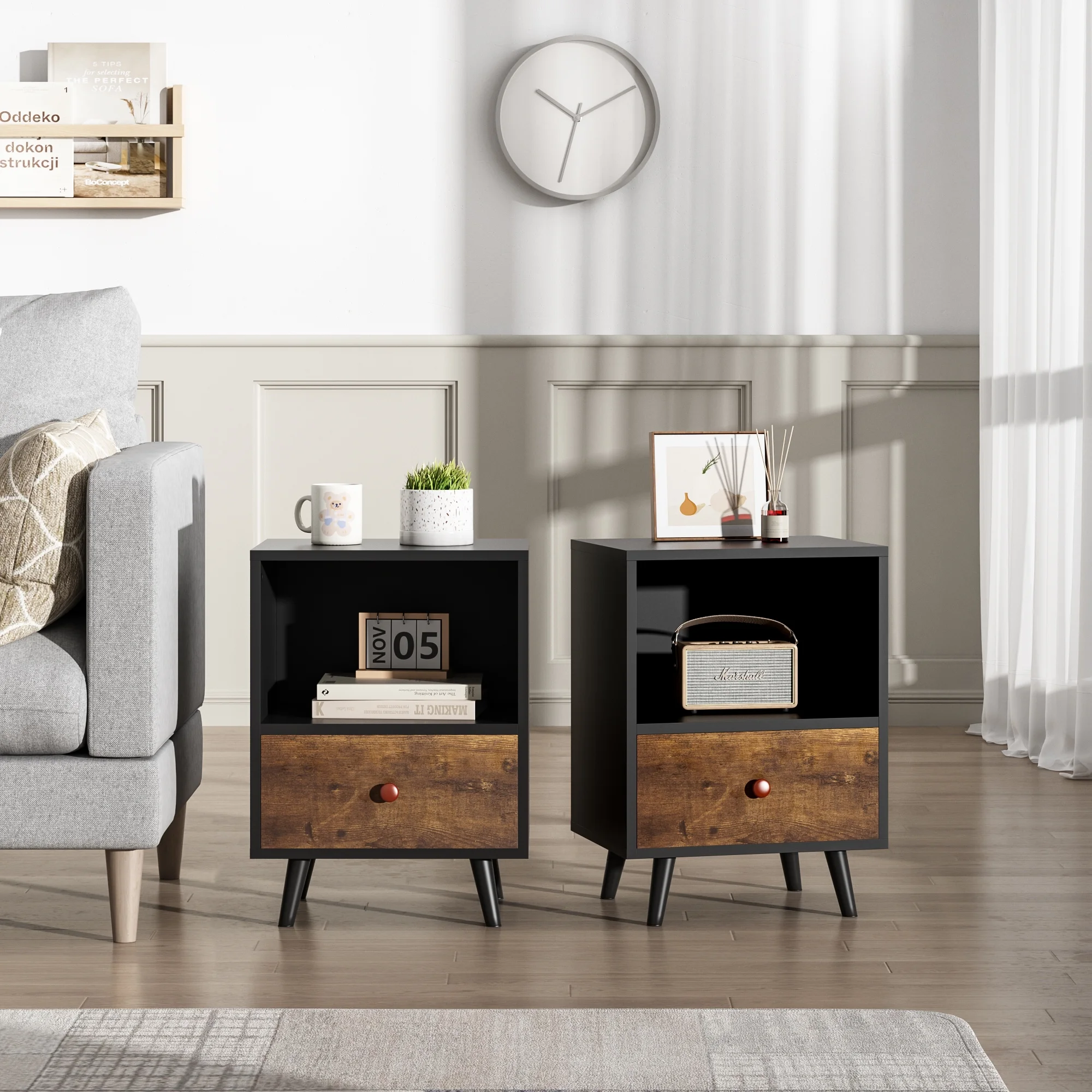 JAXPETY Nightstands Set of 2, Night Stand with 1 Drawer and Open Shelf Storage, End Table, Side Table, for Bedroom, Living Room, Natural Wood & White - Womvr