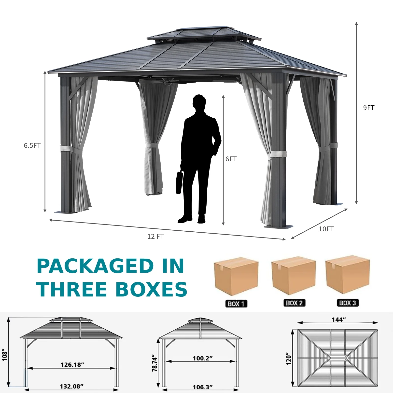 Aoxun 10 ft. x 12 ft. Outdoor Hardtop Gazebo, Galvanized Steel Double Roof Gazebo with Curtain and Netting, Gray - Womvr