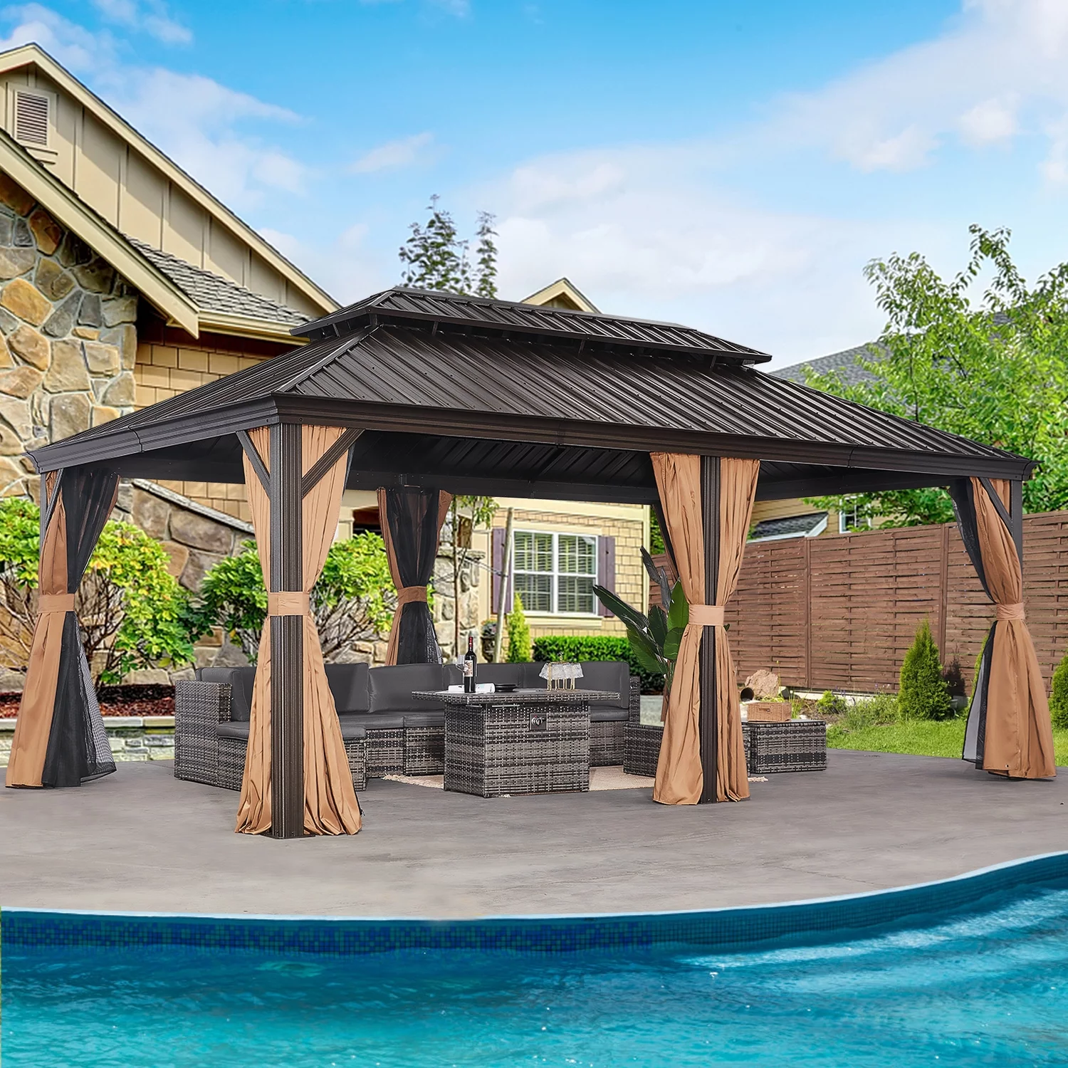 Aoxun 10'x12' Hardtop Gazebo, Outdoor Steel Double Roof Canopy, Aluminum Frame Permanent Pavilion with Curtains and Netting, Sunshade for Garden, Patio, Lawns, Black - Womvr