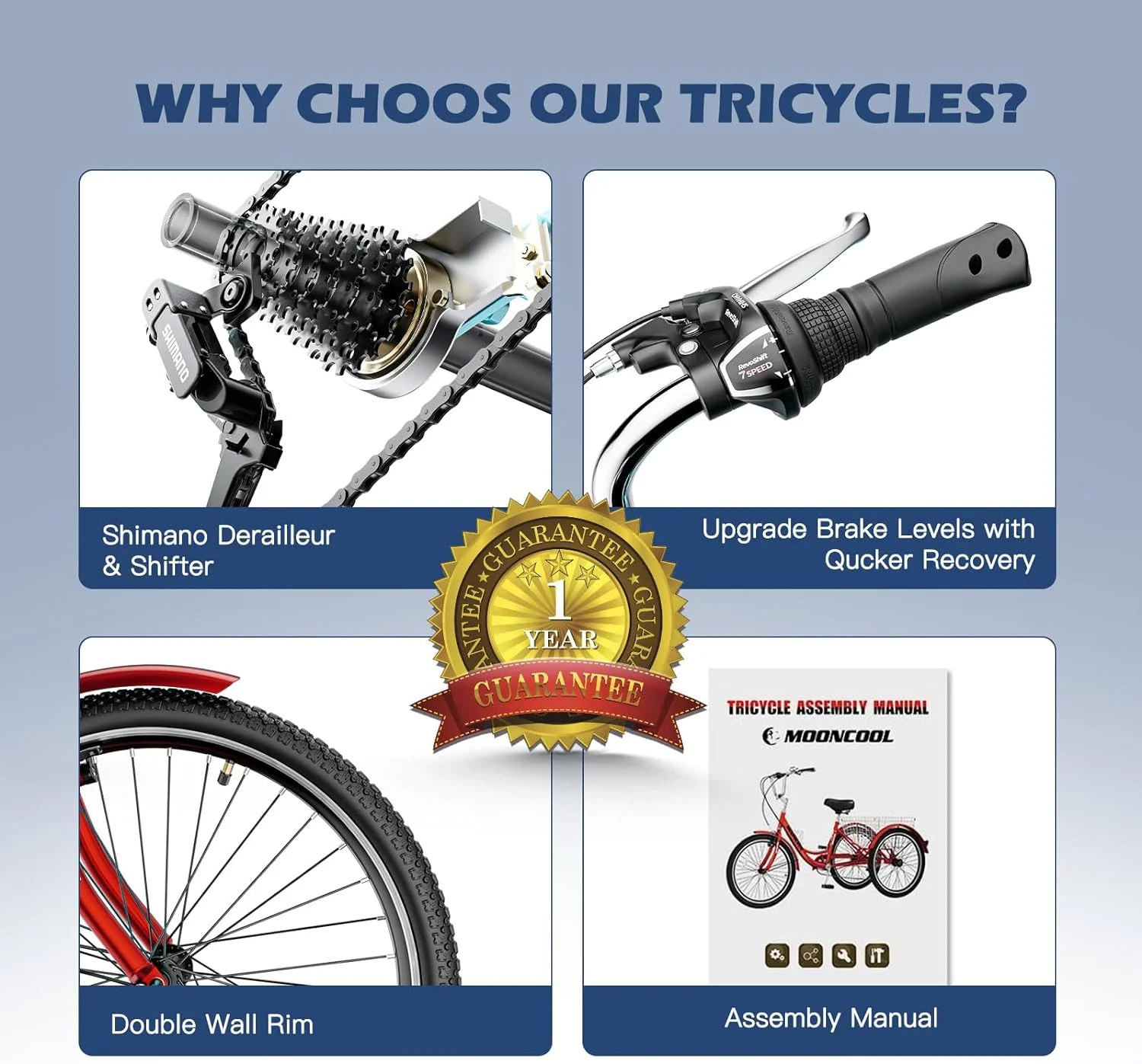 MOONCOOL Adult Tricycles with Rear Basket, 24 26 inch 7 Speed 3 Wheel Bikes, Three-Wheeled Bicycles Adult Trike with Backrest for Seniors, Women, Men - Womvr