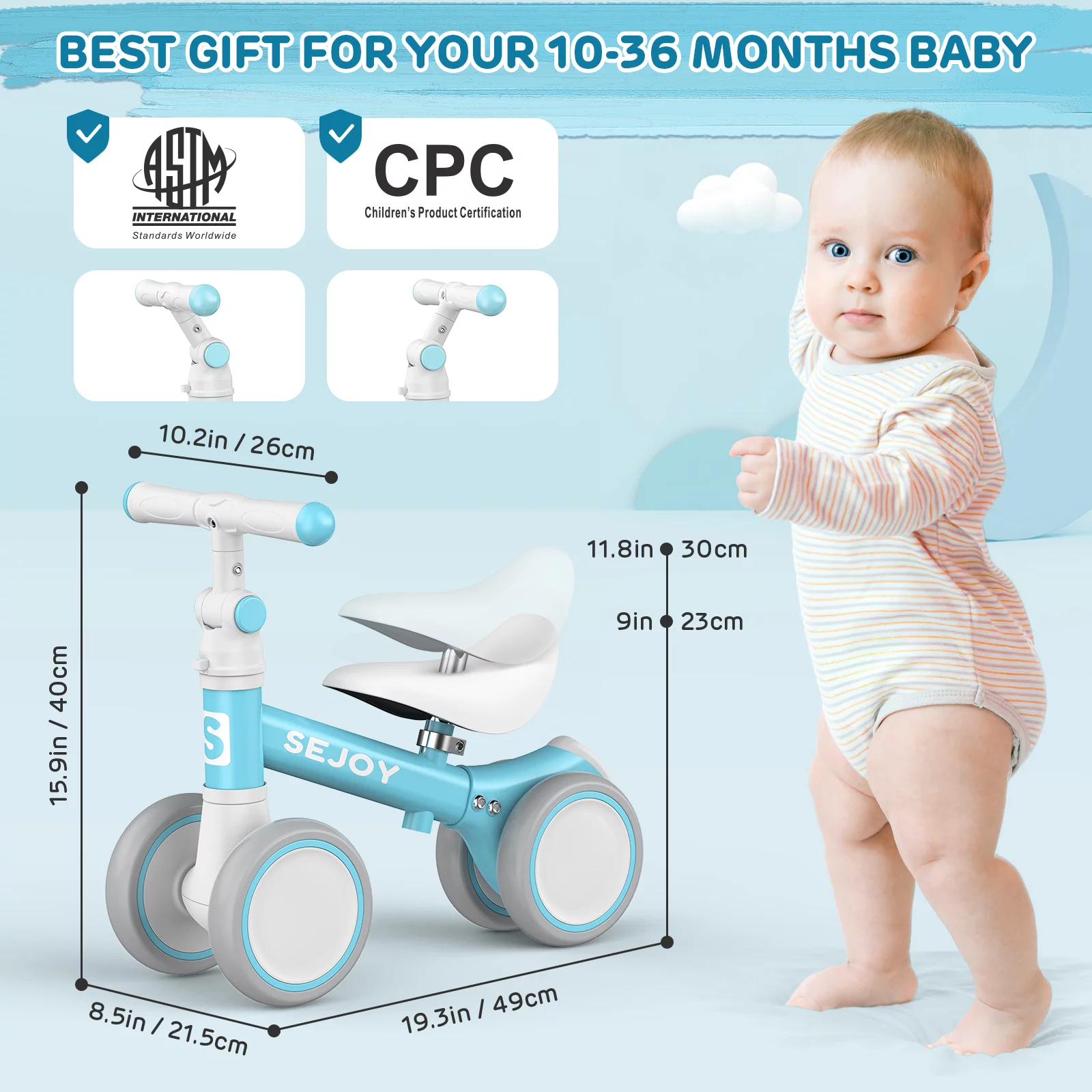 Sejoy Baby Balance Bike, Toddler Baby Bicycle with 4 Wheels for 10-36 Months, Adjustable Handlebar Baby Outdoor Bike Riding Toy, First B-day Gift - Womvr