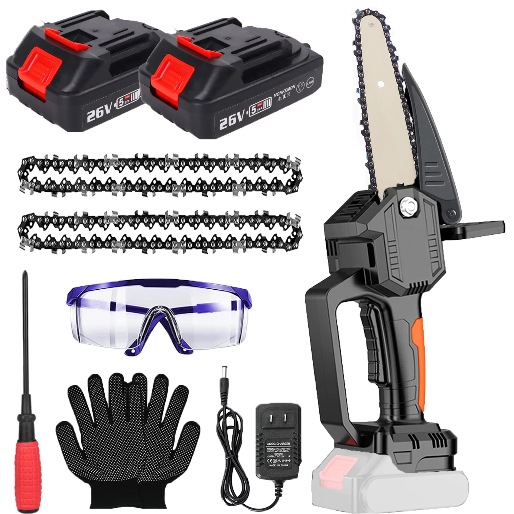 Monkemon Mini Chainsaw,6-Inch Cordless Chainsaws with 2 Batteries 2 Chains,Brushless Motor,for Tree Branches , Courtyard, Household & Garden - Womvr