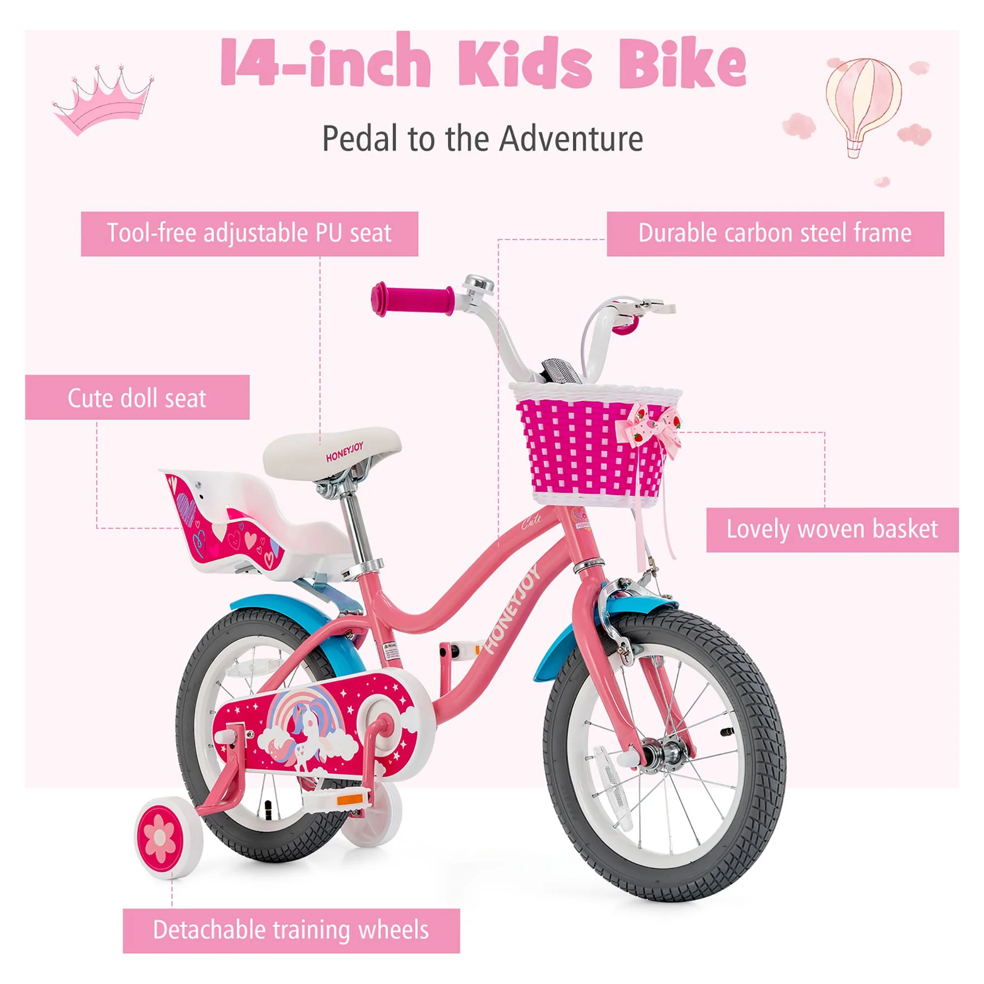 Honeyjoy 14 Inches Kids Bicycle w/Training Wheels & Basket for Boys & Girls Age 3-5 Years - Womvr
