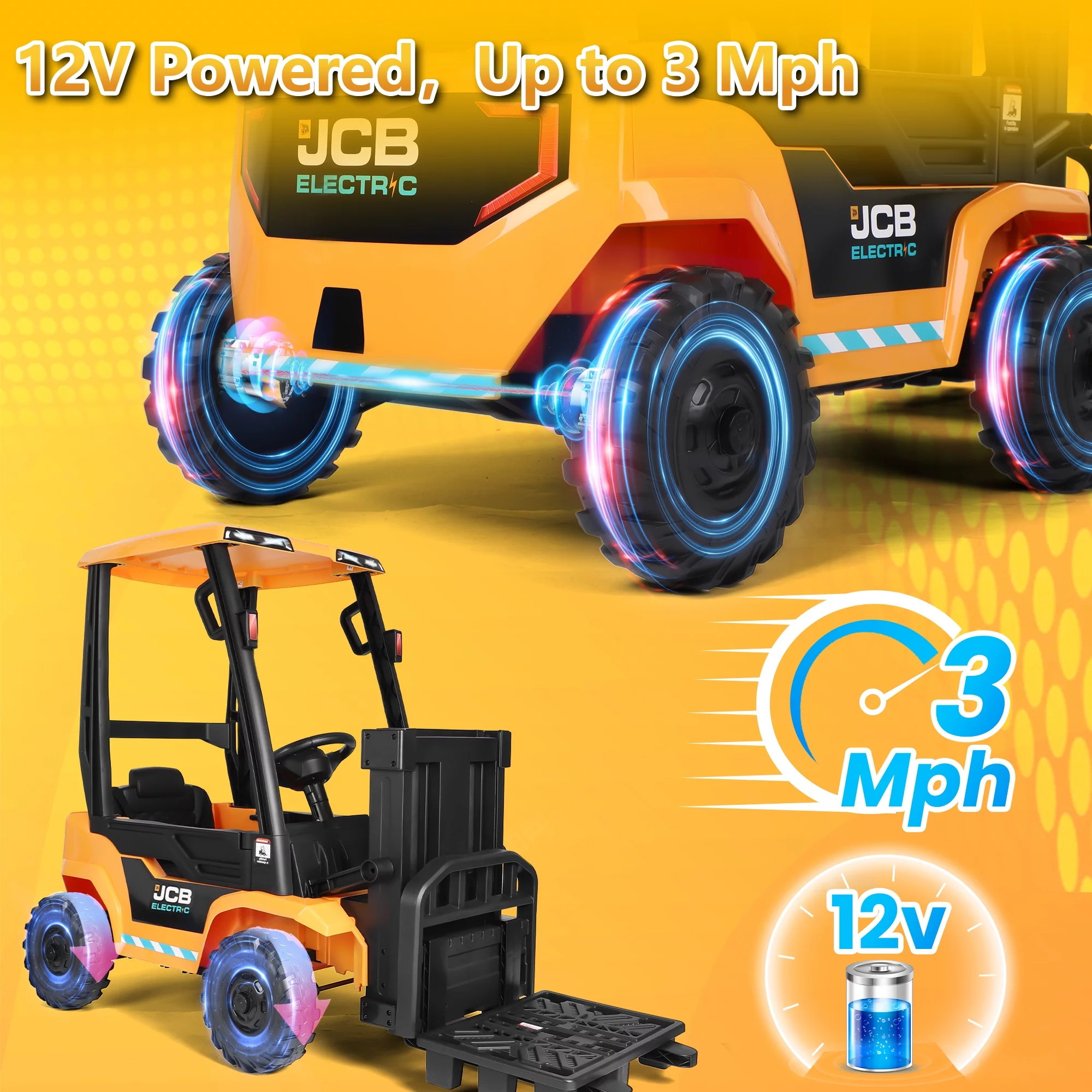 JCB 2 in 1 Kids Ride on Car Excavator & Bulldozer,Wisairt 12 V Battery Powered Electric Vehicle w/ Remote Control,Bucket,Digger,Handle(Yellow) - Womvr