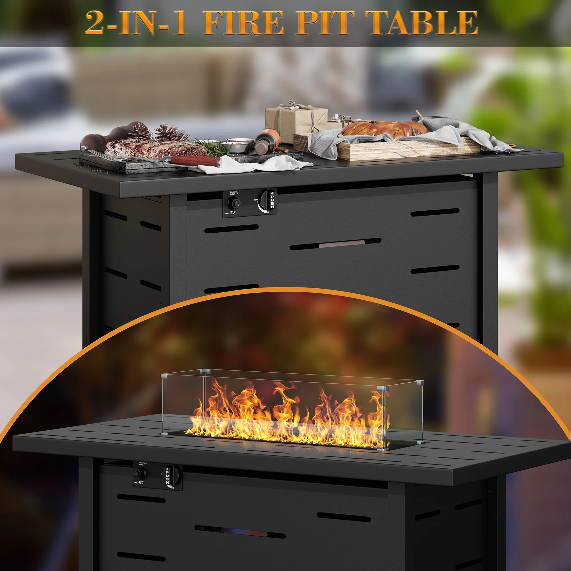Walsunny 43 Inch Outdoor Fire Pit Table Propane Gas with Lid and Lava Rock 50000 BUT Fire Table with Glass Wind Guard and Waterproof Cover - Womvr