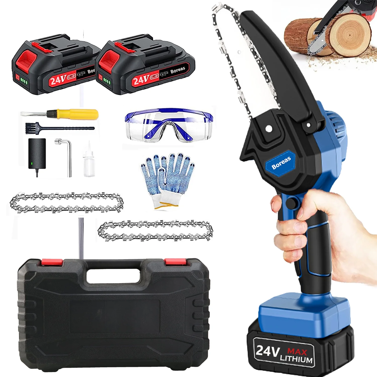 Boreas Mini Chainsaw Cordless, 6 inch Mini Chain Saw Cordless Battery Powered,Handheld Chain Saw Portable Electric Chainsaw with 2 Rechargeable for Tree Trimming Branch Wood Cutting - Womvr
