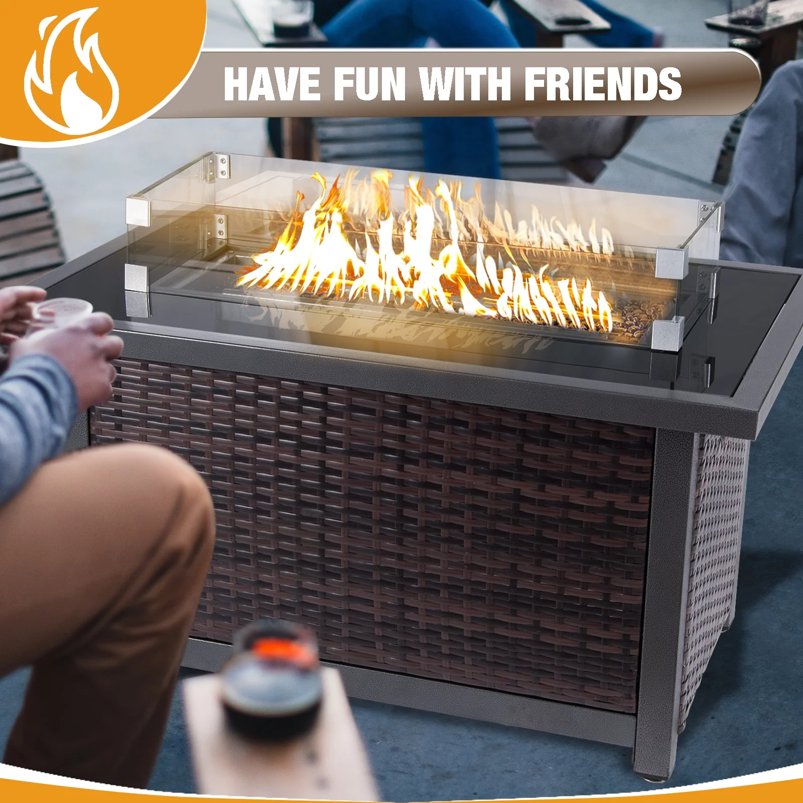 Polar Aurora Propane Fire Pit Table, 50,000 BTU Auto-Ignition Fire Pit with Wind Guard - Womvr