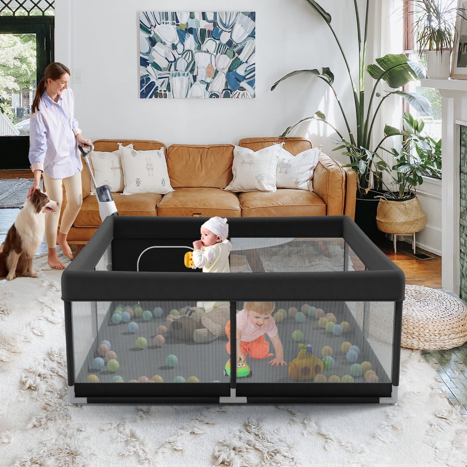 Pkinoicy 47x47inch Play Pen with Mat for Babies and Toddlers, Playpen with Mat, Baby Playpen with Mat, mall Baby Playpen with Mat - Womvr