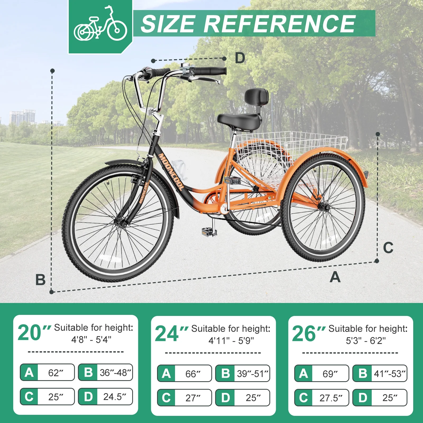 MOPHOTO Adult Tricycle for Seniors (Cyan, 26inch /7-Speed), Low Frame Three Wheel Bikes with Large Basket & Bell, 3 Wheel Cargo Bicycle, Safe and Durable Trike - Womvr