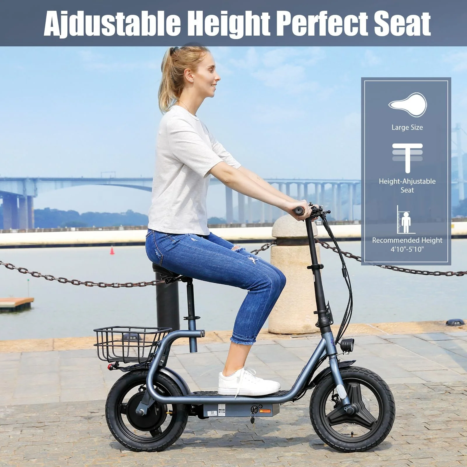 Caroma 500W Electric Scooter with Seat for Adult, 14 inch Commuter Electric Scooter with Dual Shock Absorbers and Basket - Up to 25 Miles 20 MPH, Silver - Womvr