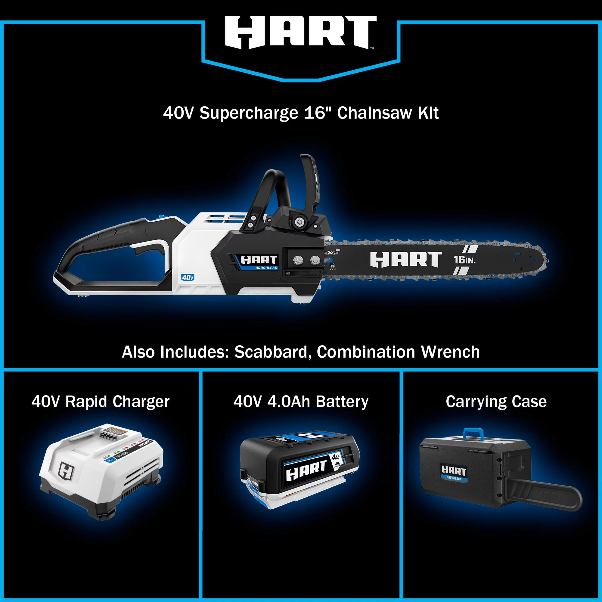 HART 40-Volt 16-inch SUPERCHARGE Battery-Powered Brushless Chainsaw Kit, (1) 4.0 Ah Lithium-Ion Battery - Womvr