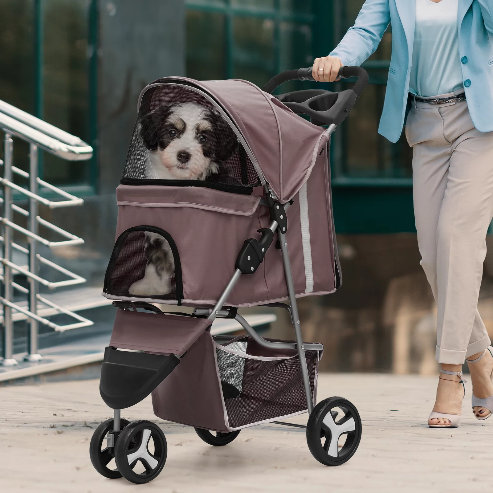 Magshion Foldable Pet Dog Stroller with Wheels, Cat Dog Stroller with Storage Basket and Cup Holder for Small and Medium Cats, Dogs, Puppy, Navy Blue - Womvr