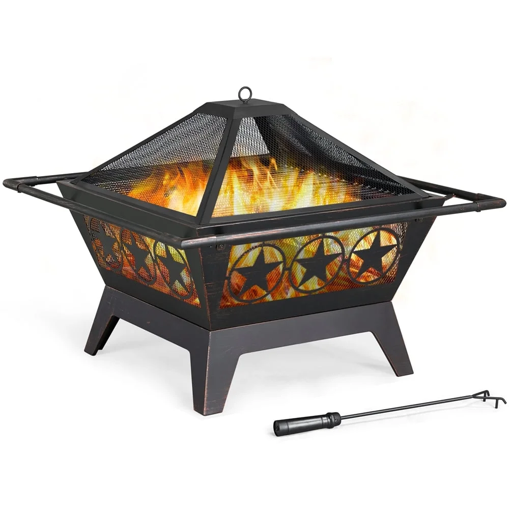 Topeakmart 32in Square Iron Fire Pit Winter Heating Equipment Steel Fire Bowl with Mesh Cover Grills Poker for Patio BBQ Camping Bonfire Bronze - Womvr