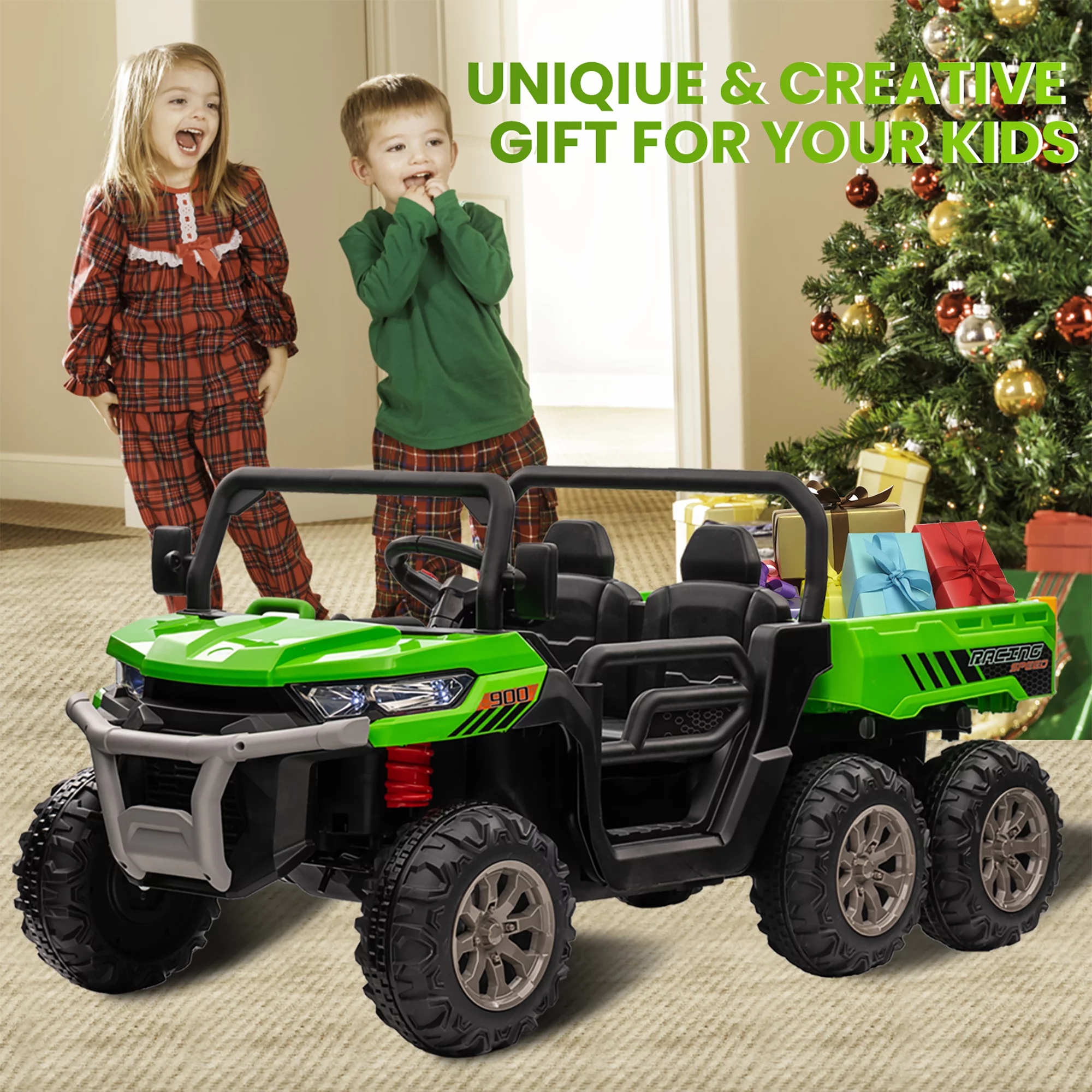 Joyracer 24V Ride on Toys, 2 Seater 6-Wheel UTV Car, 4WD Ride on Dump Truck for Big Kids with Trailer Remote Control, Black - Womvr