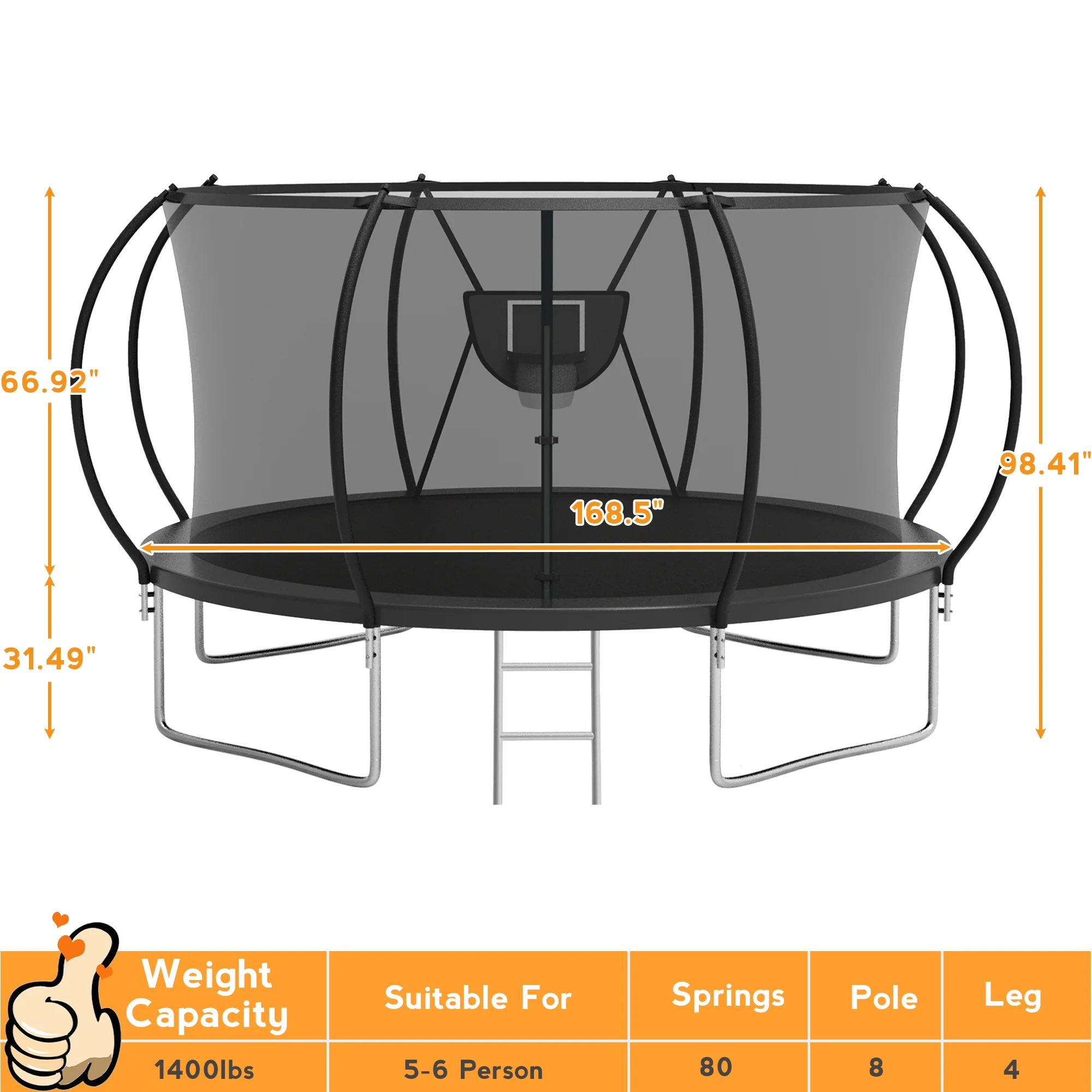 KOFUN Trampoline with Basketball Hoop & Light, 1500lbs 10FT 12FT 14FT 16FT Trampoline for Adults and Kids, No Gap Design Backyard Trampoline with Enclosure Net, Ladder, Green - Womvr
