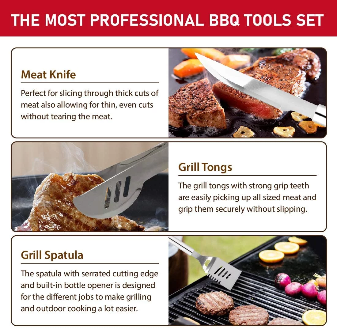 41Pcs BBQ Grill Tool Set with Storage Bag Extra Thick Stainless Steel Spatula Fork & Tongs - Womvr