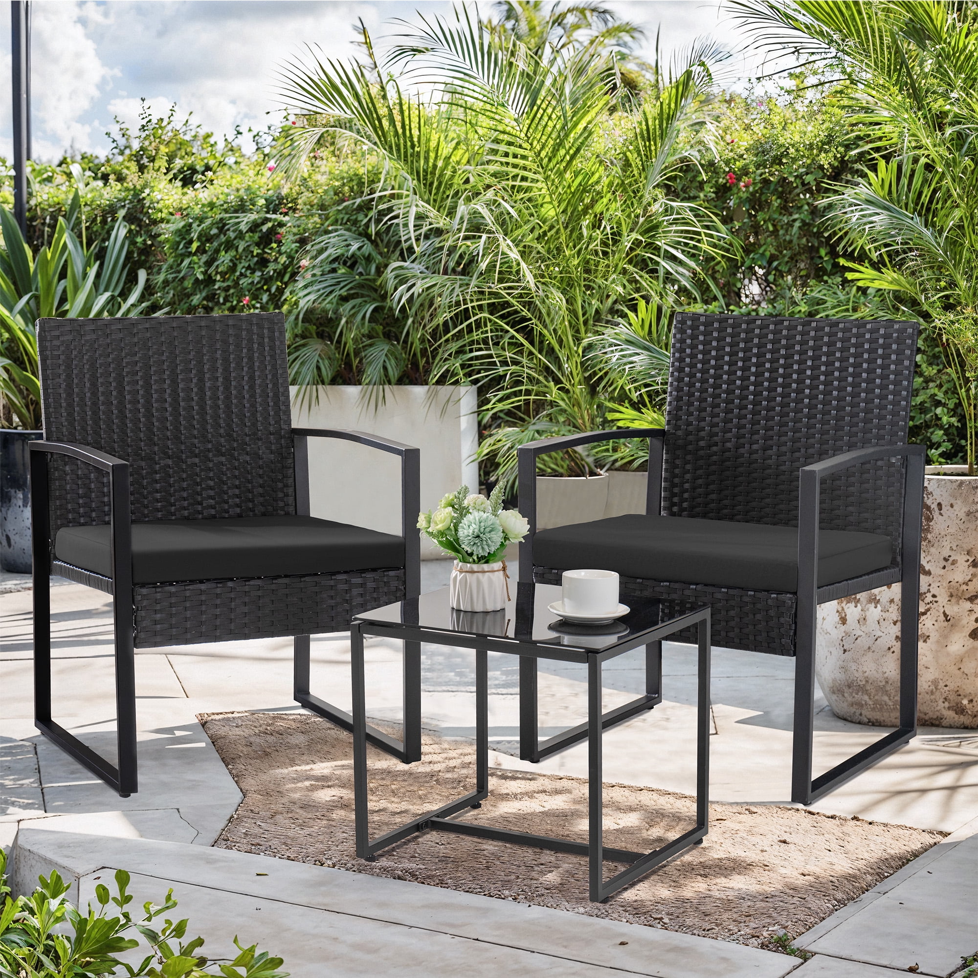 Homall Patio Furniture 3-Piece Set Casual Wicker Chair Bistro Chair with Coffee Table, Black - Womvr