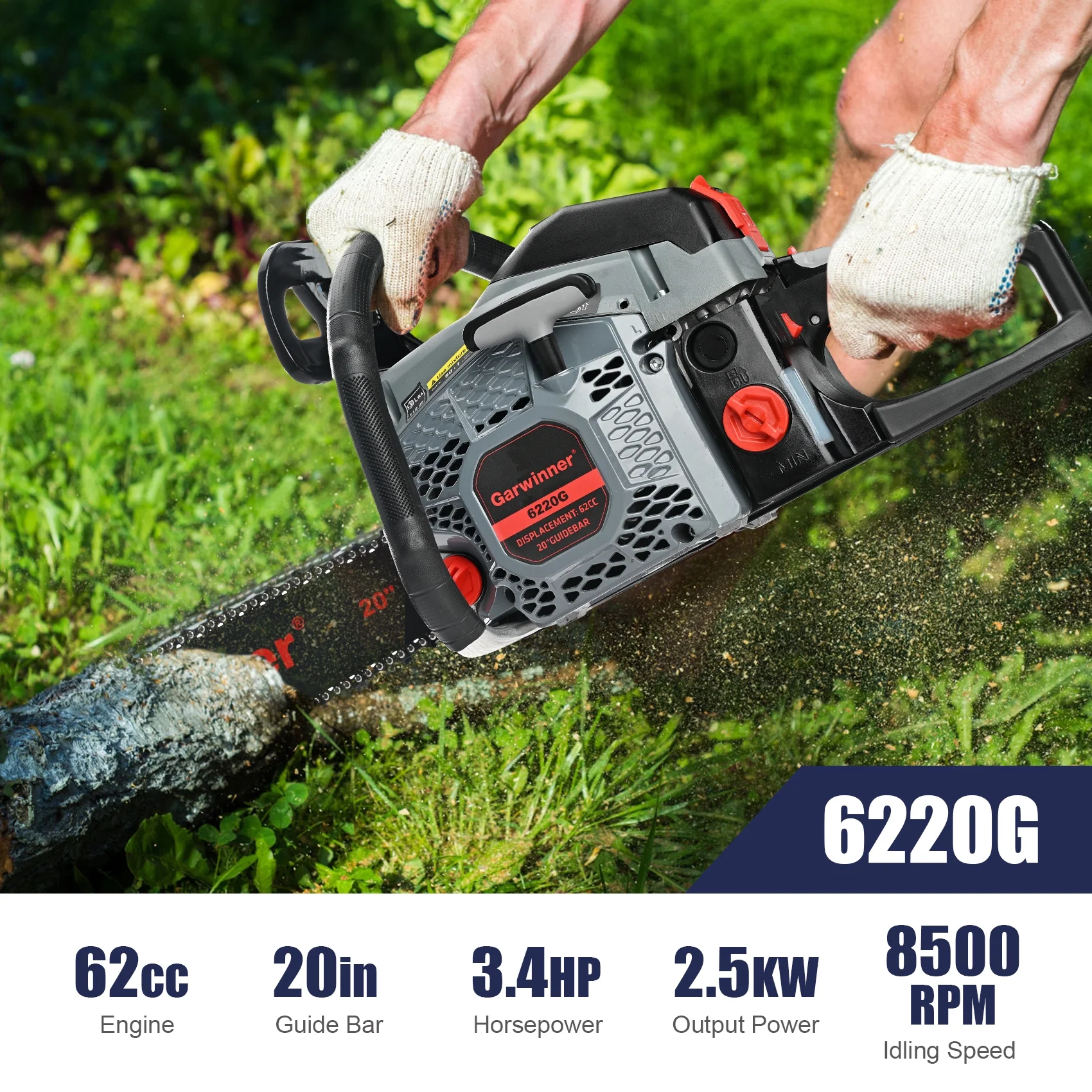 Garwinner Gas Chainsaw 20'' 2-Stroke 62CC Cordless Chainsaw 6220G for Farm, Garden and Ranch for Cutting Wood - Womvr