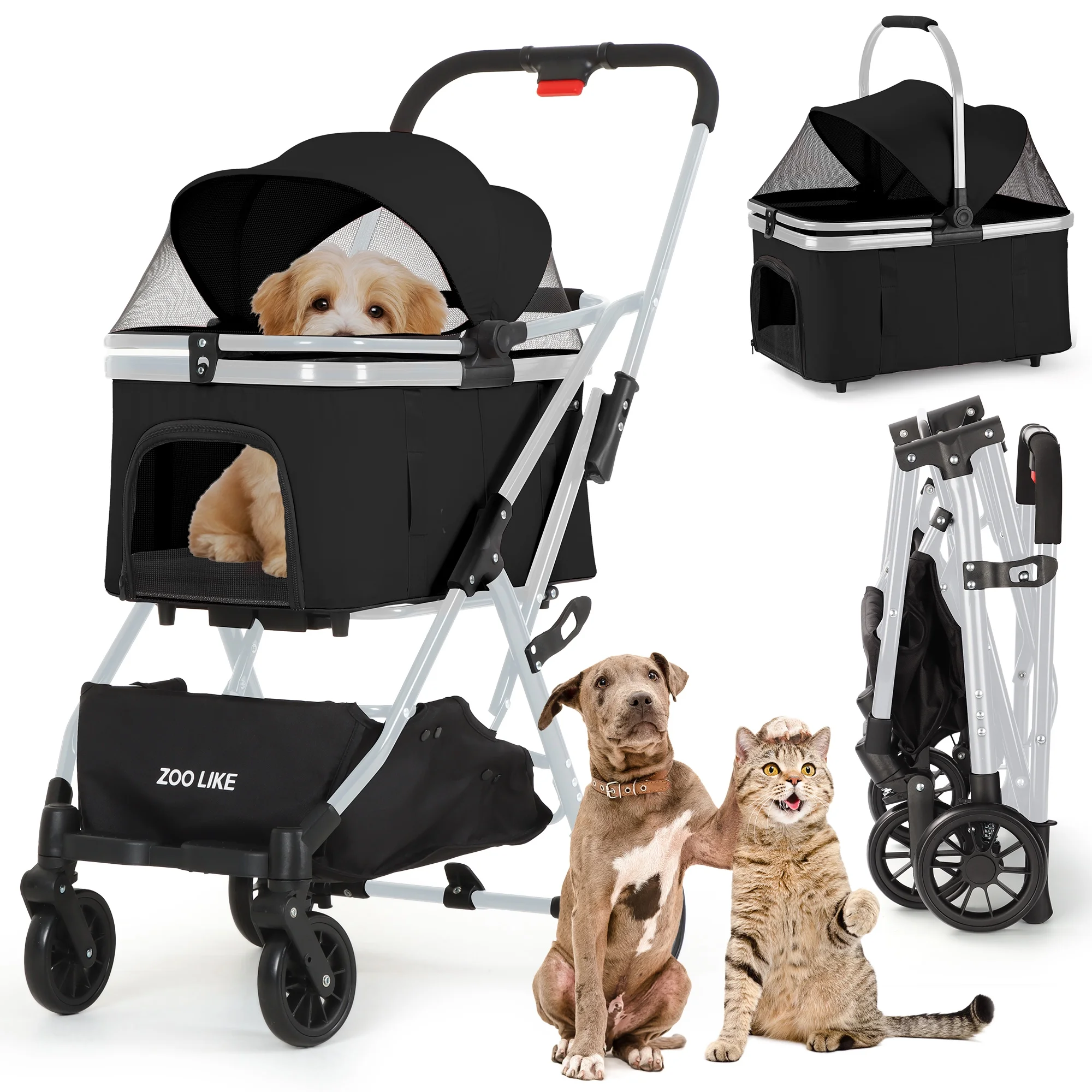 Zoolike Pet Stroller, Dog Cat Stroller 3-in-1 Detachable Doggy Stroller for Small Medium Dogs 4 Wheel Dog Travel Jogger Cart Cat Walker Foldable Wagons for Doggy Rabbit Puppy, Gray - Womvr
