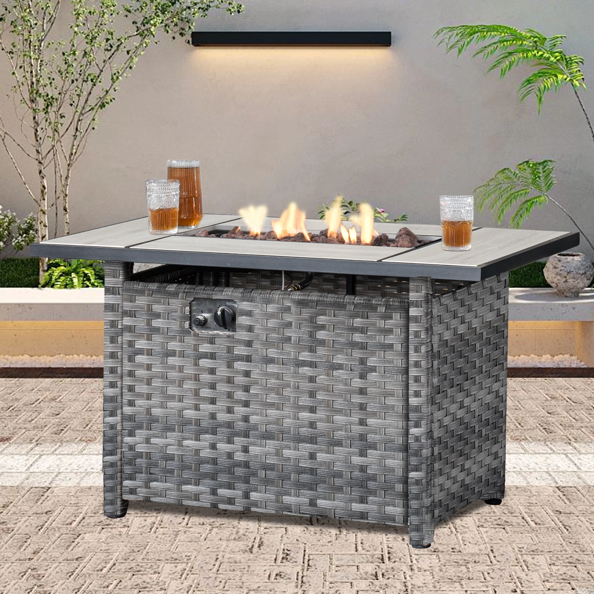 Ovios Outdoor Wicker Propane Fire Pit Table 42-Inch 50,000 BTU Flame Gas Fire Pits for Patio with Waterproof Cover & Lid Rectangle - Womvr