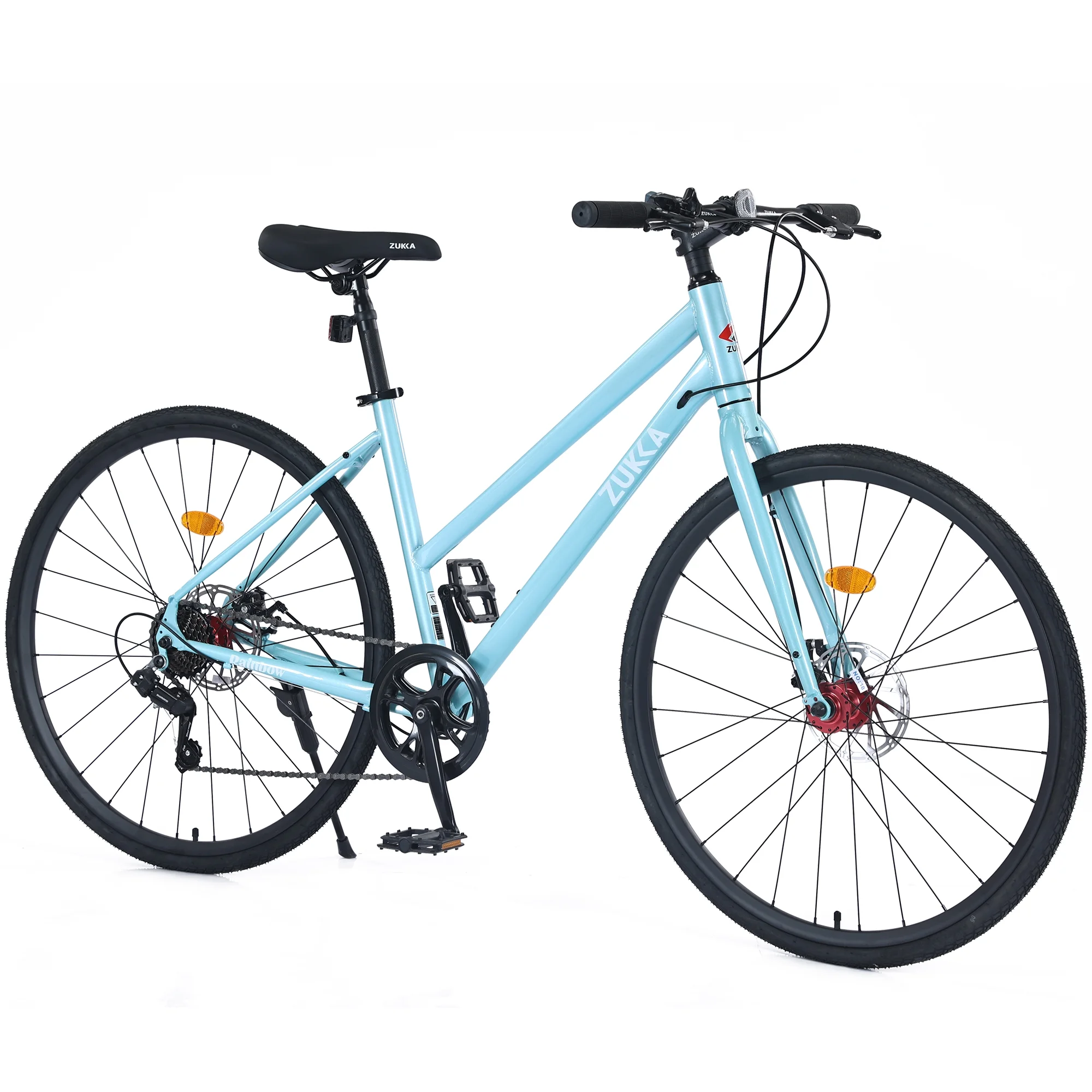 Zukka Hybrid Bicycle Road Bike for Women Girl Aluminum Alloy 700C 7 Speed Light Blue City Bike - Womvr
