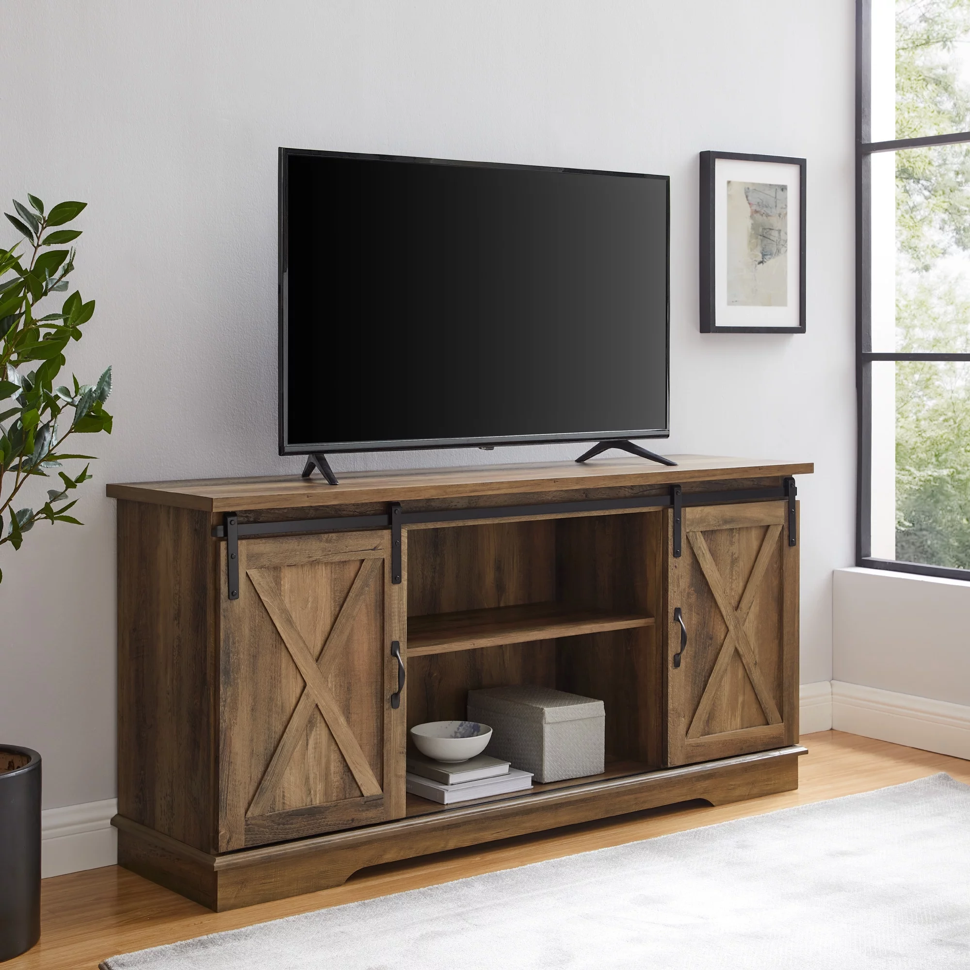 Woven Paths Farmhouse Sliding Barn Door TV Stand for TVs up to 65