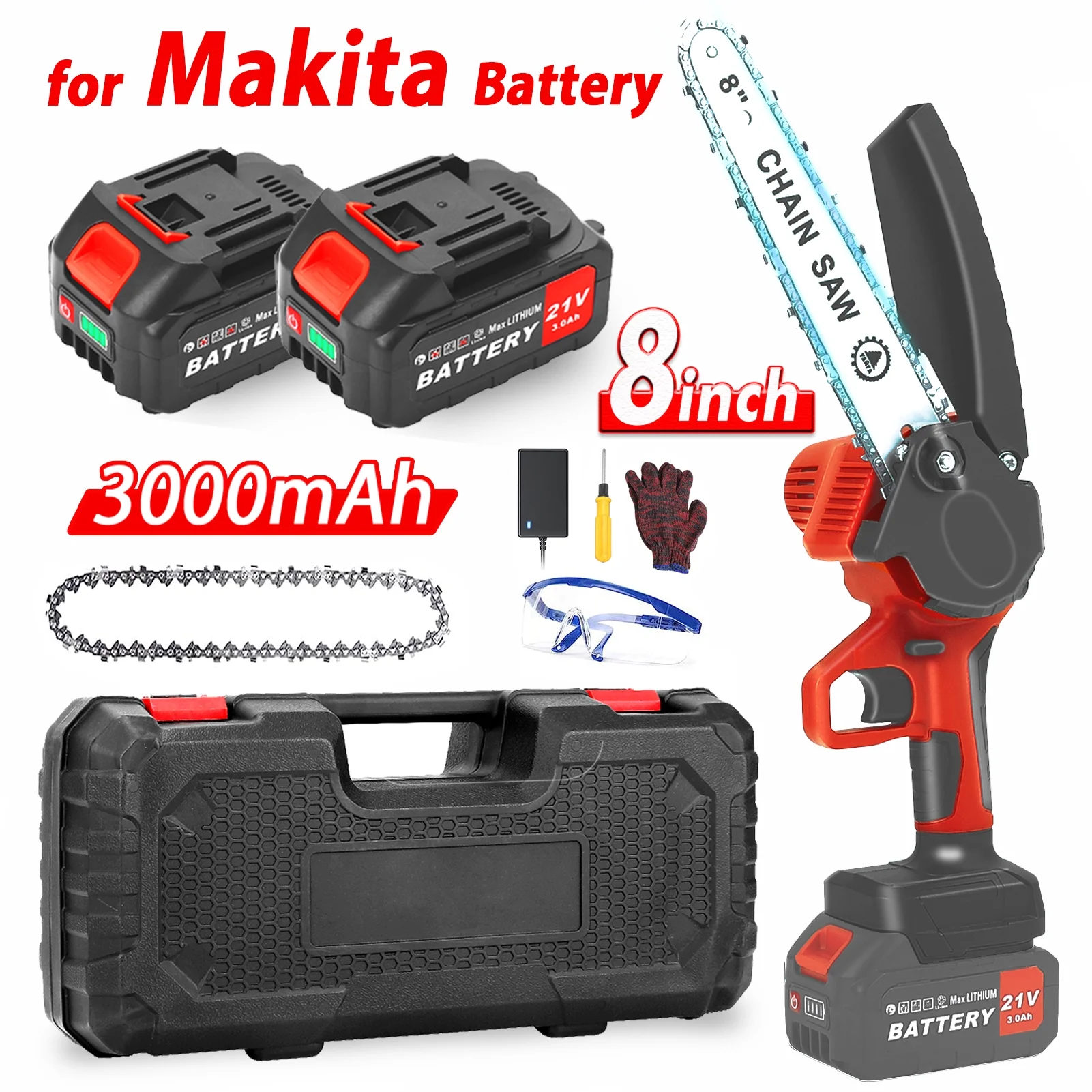 8 inch Mini Chainsaw Cordless with 2 Chains and 3.0Ah Battery, Tanbaby Handheld Pure Copper Brushless Motor Chain Saw Kit for Wood-Cutting - Womvr