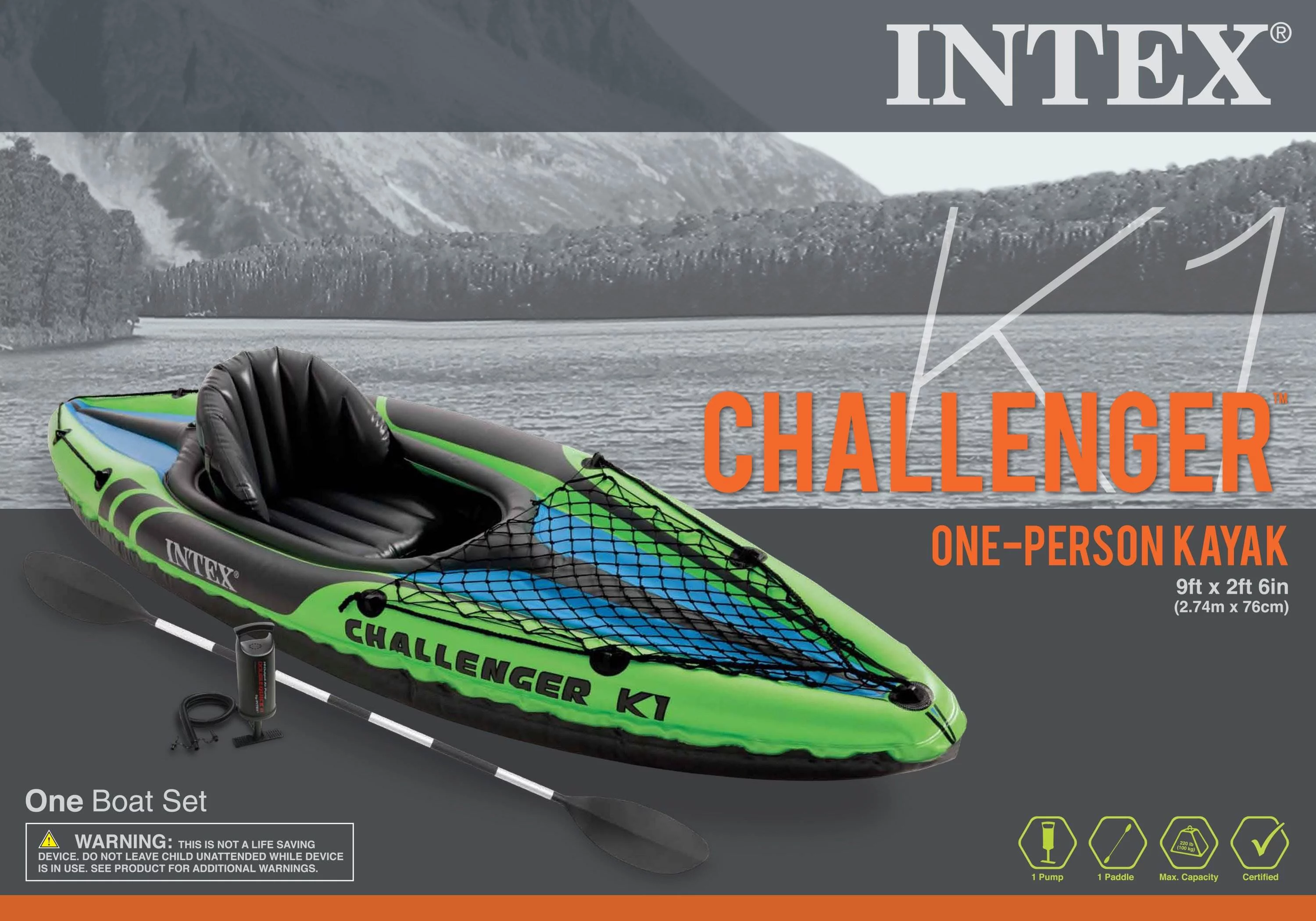 Intex Challenger K1 1-Person Inflatable Sporty Kayak + Oars And Pump | 68305EP - Womvr