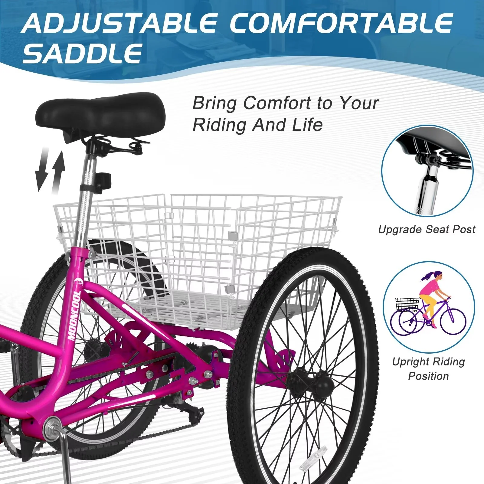 MOPHOTO 20/24/26 inch Adult Tricycle Folding 3 Wheel Cruiser Bikes 7 Speed, Portable and Foldable Trikes with Cargo Basket for Men & Women Outdoor Cycling, Purple - Womvr