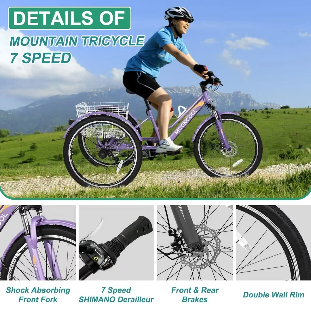 Docred Adult Tricycle, 7 Speed Three Wheel Mountain Bike, 24/26/27.5 inch Adults Trikes ,Load capacity 420 lbs - Womvr