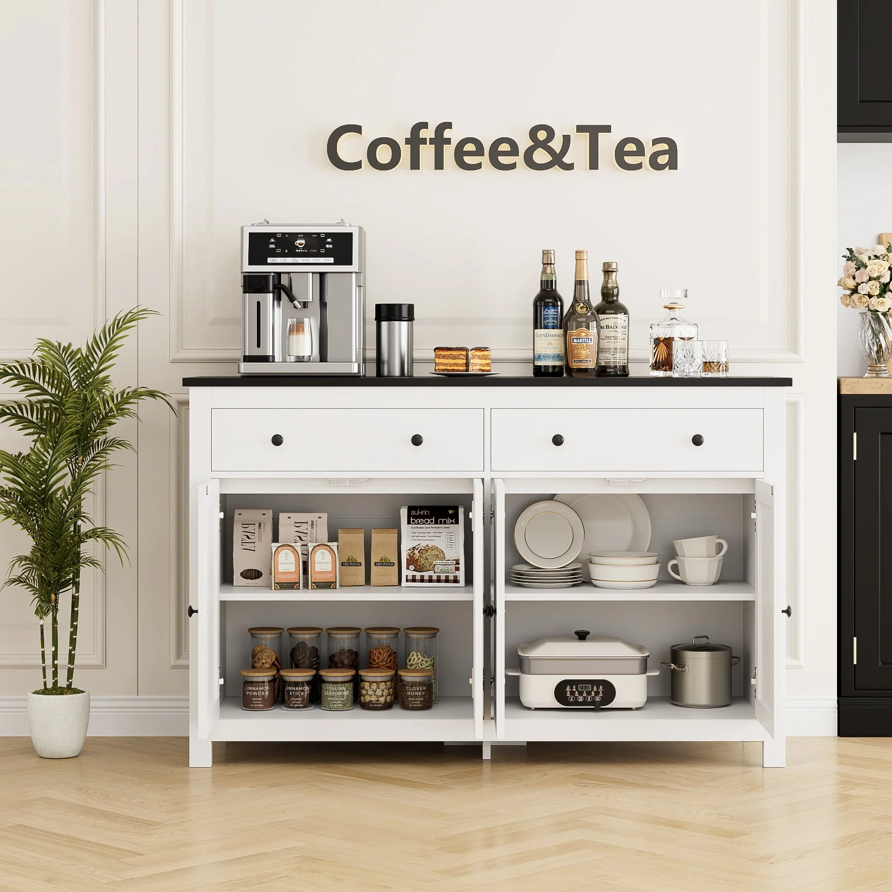 Homfa 4-Doors 2-Drawers Farmhouse Storage Cabinet, Wood Sideboard with Adjustable Shelves for Kitchen Dining Room, White - Womvr