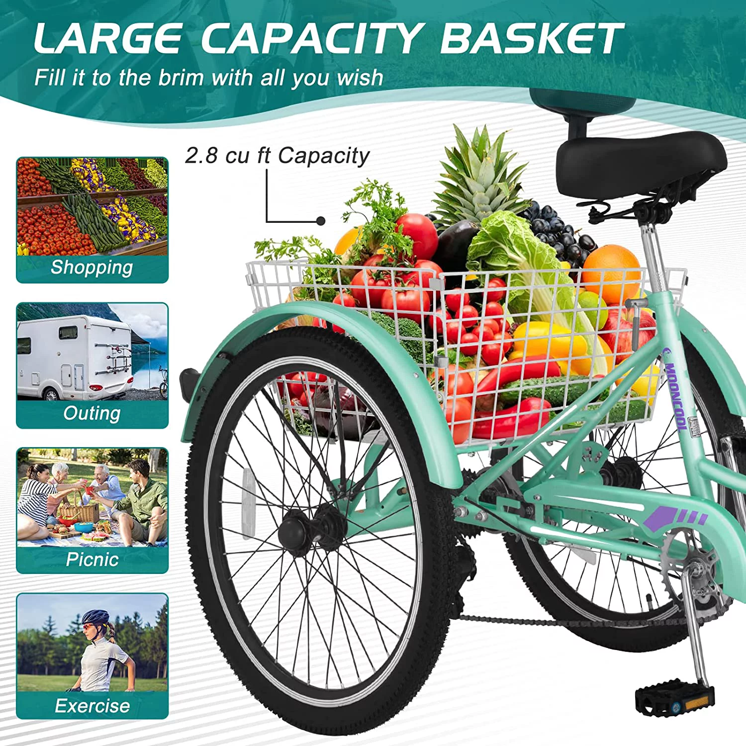 Docred Adult Tricycle 7 Speed 24 Inch Three Wheel Bike Cruiser Trike for Men/Women/Seniors - Womvr