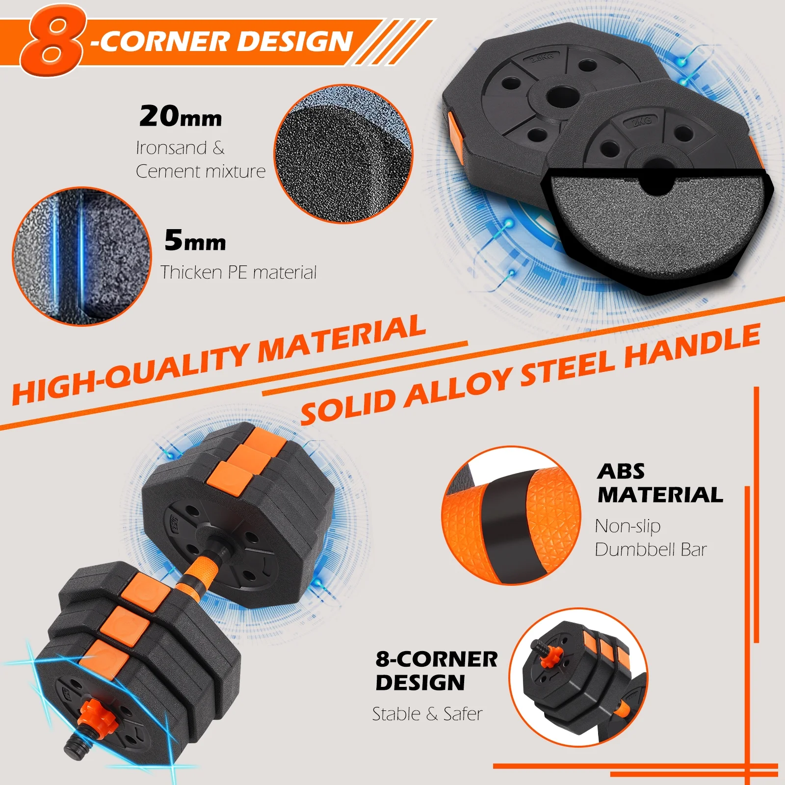 ARVAKOR 66Lbs Adjustable Dumbbell Set �C Octagonal Anti-Roll Design, Non-Slip Grip, Versatile Weights with Barbell, Kettlebell, Push-Up Options, Orange - Womvr