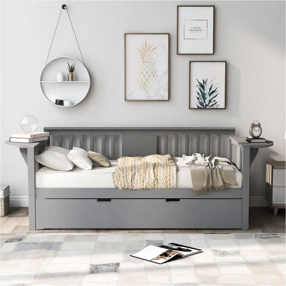 Twin Wooden Daybed With Trundle Bed Sofa Bed For Bedroom Living Room Gray 354050 - Womvr