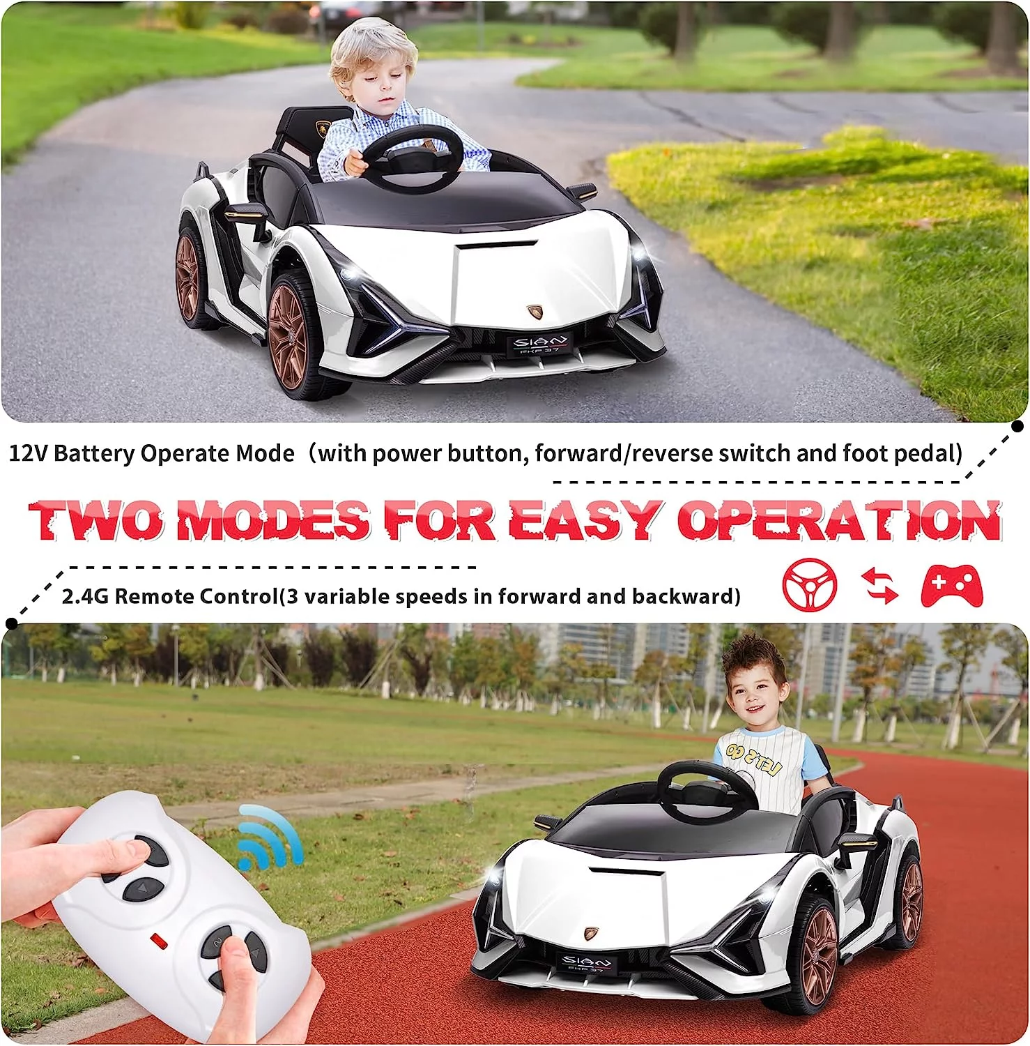 TOBBI 24V Lamborghini STO Licensed Kids Ride on Drift Car Gray Electric Car W/Remote Control LED Lights, up to 10 mph - Womvr