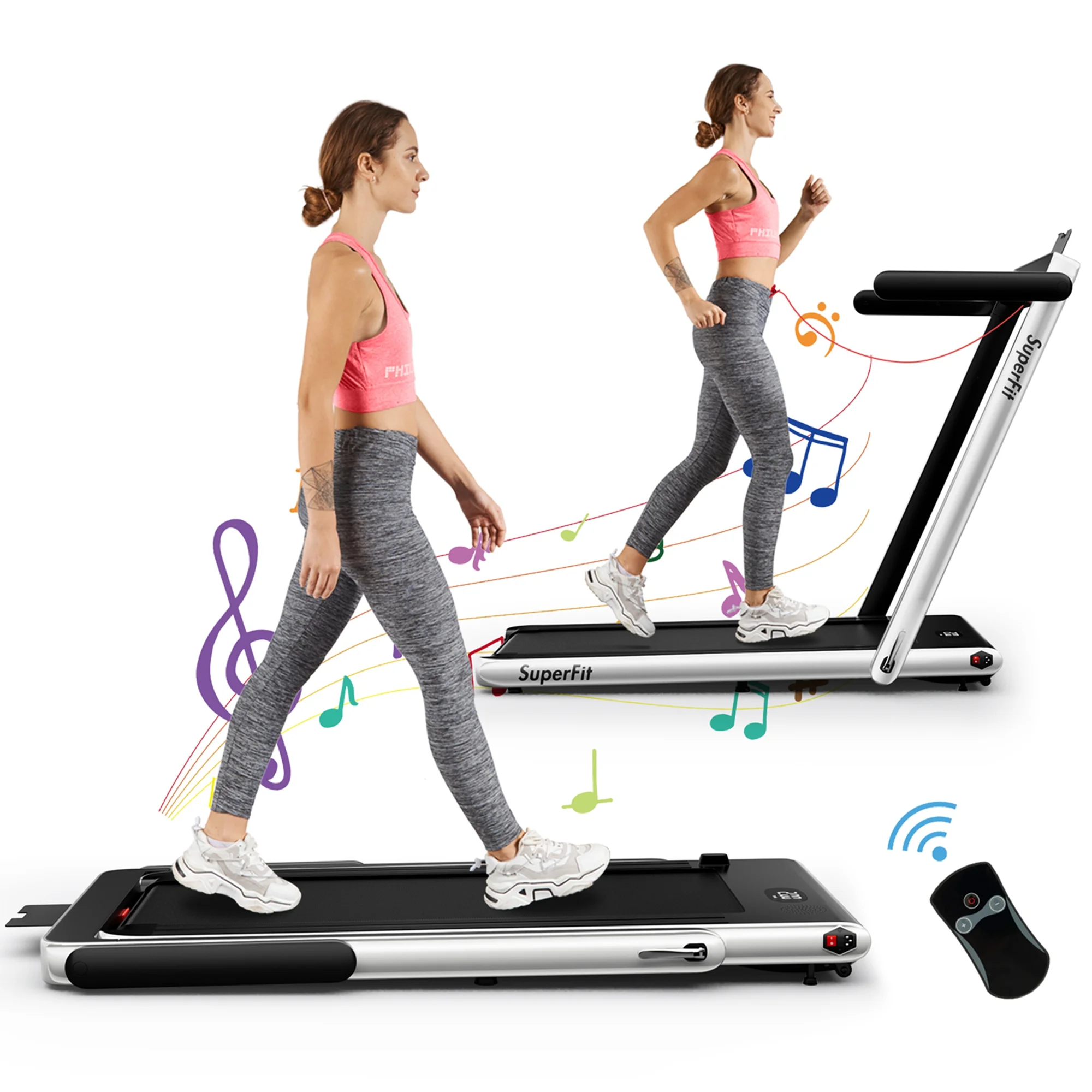 SuperFit Up To 7.5MPH 2.25HP 2 in 1 Single Display Screen Folding Treadmill Remote Control W/ APP Control Speaker Black - Womvr