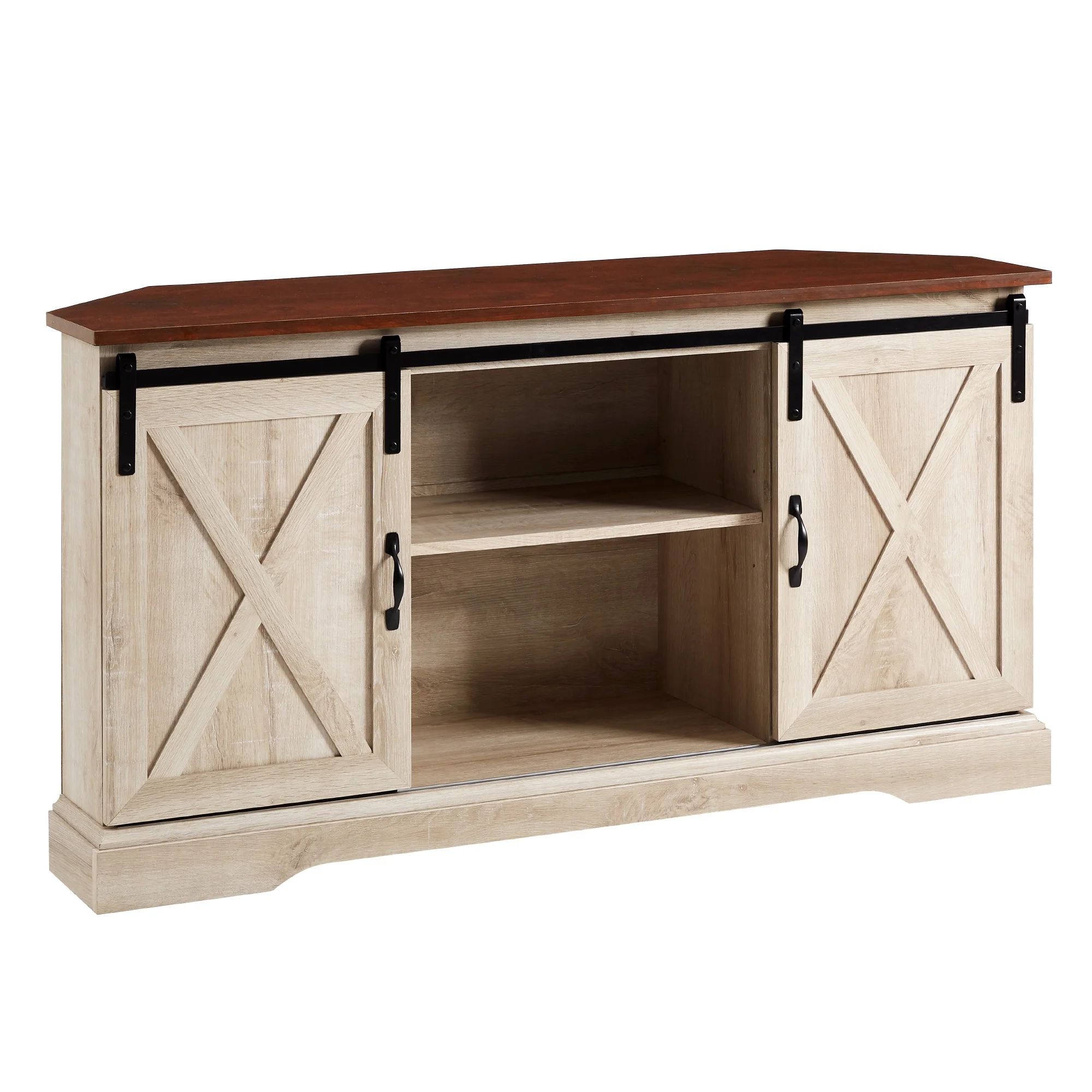 Walker Edison Modern Farmhouse Sliding Door Corner TV Stand, White Oak - Womvr