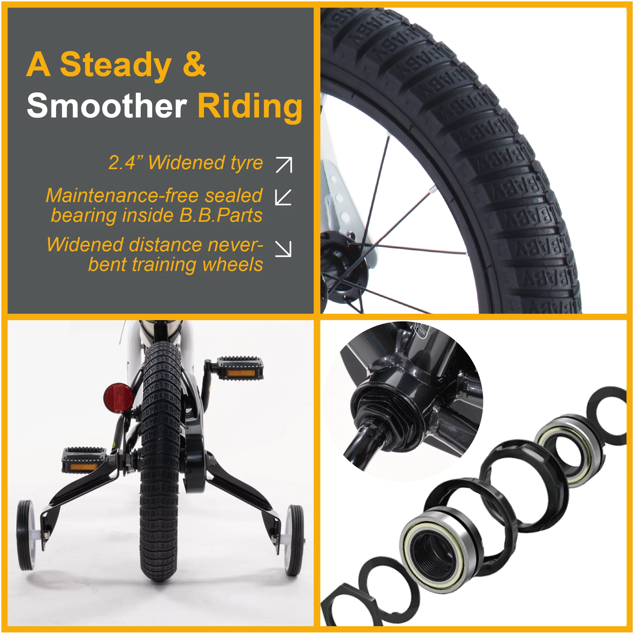 Royalbaby Boys Girls Kids Bike 12 In BMX Freestyle Black 2 Hand Brakes Bicycles with Training Wheels Child Bicycle - Womvr