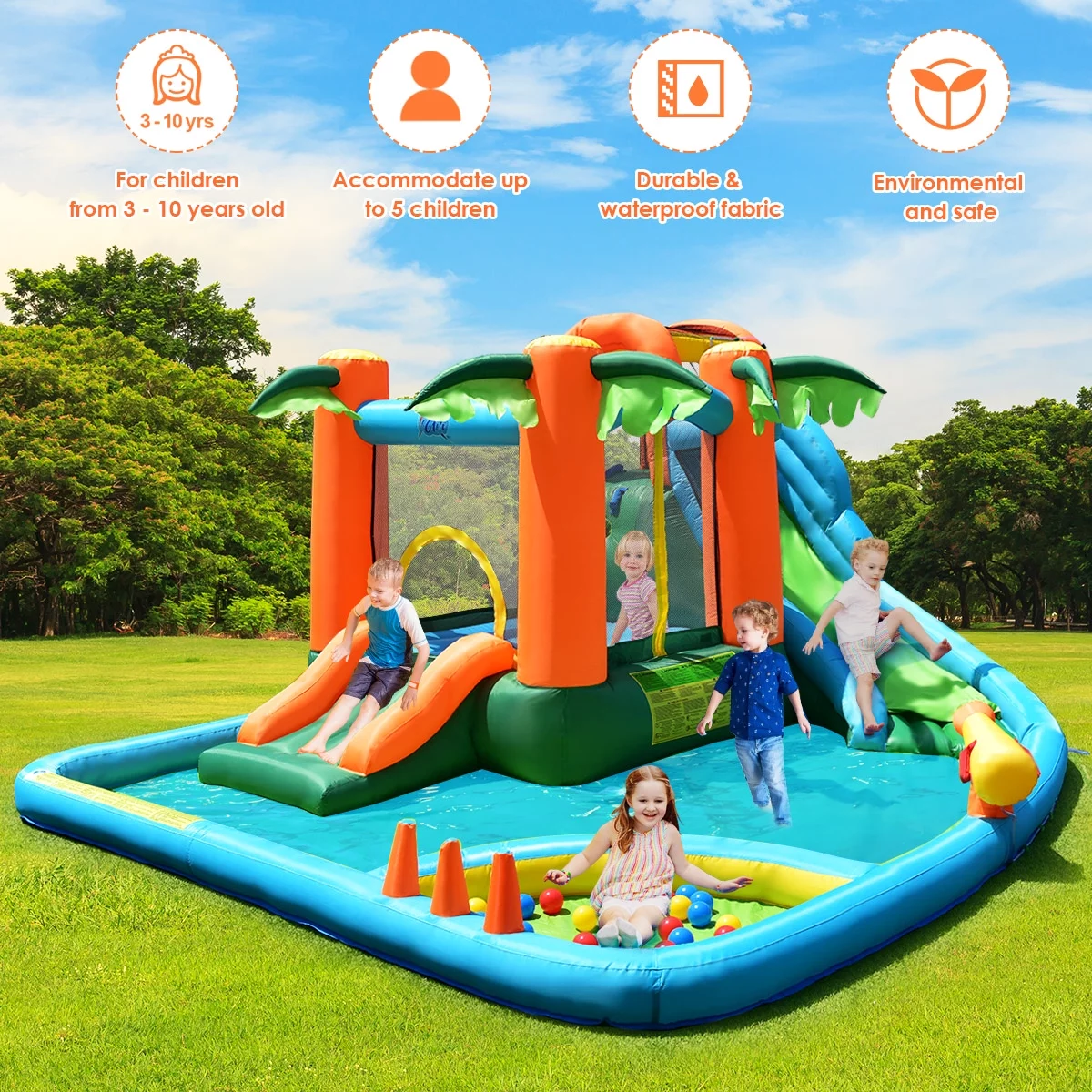 Costway Inflatable Bounce House Kids Water Splash Pool Dual Slide Jumping Castle w/ Bag - Womvr
