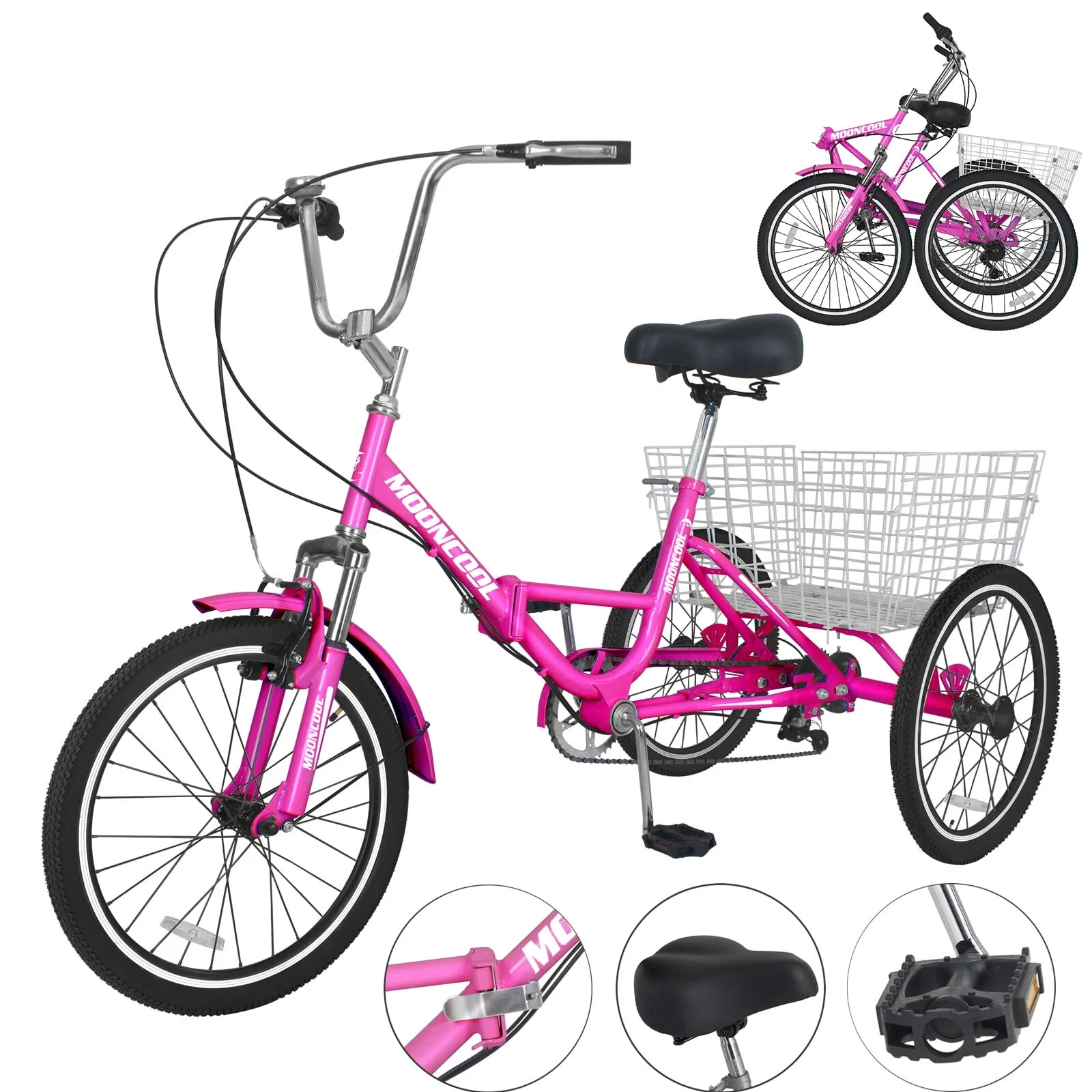 MOPHOTO 20/24/26 inch Adult Tricycle Folding 3 Wheel Cruiser Bikes 7 Speed, Portable and Foldable Trikes with Cargo Basket for Men & Women Outdoor Cycling, Purple - Womvr