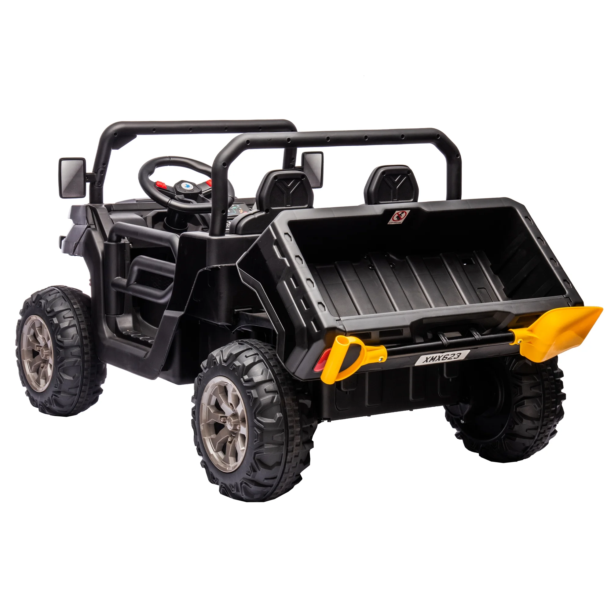 24V 2 Seater Ride on Toys, Ride On UTV with 2x200W Motor Ride On Dump Truck, Ride On Car with Dump Bed/Shovel, Electric Vehicle with Rubber Tires, LED Light, Music, Remote Control, Black - Womvr