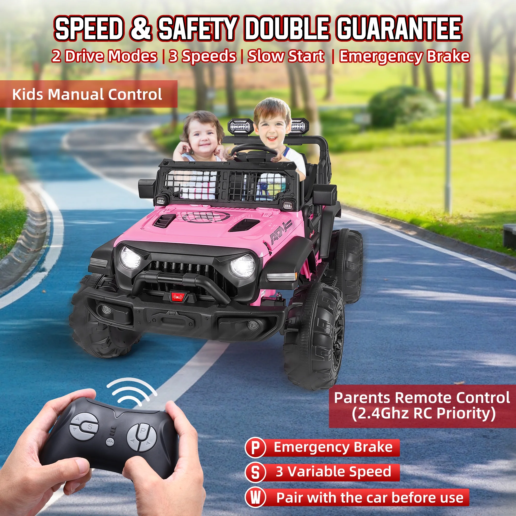 Wisairt 24V Kids Ride on Truck, 2 Seater Powered Ride on Car w/ Remote Control and Storage Space, 3 Speeds, Bluetooth, LED Lights (Black) - Womvr