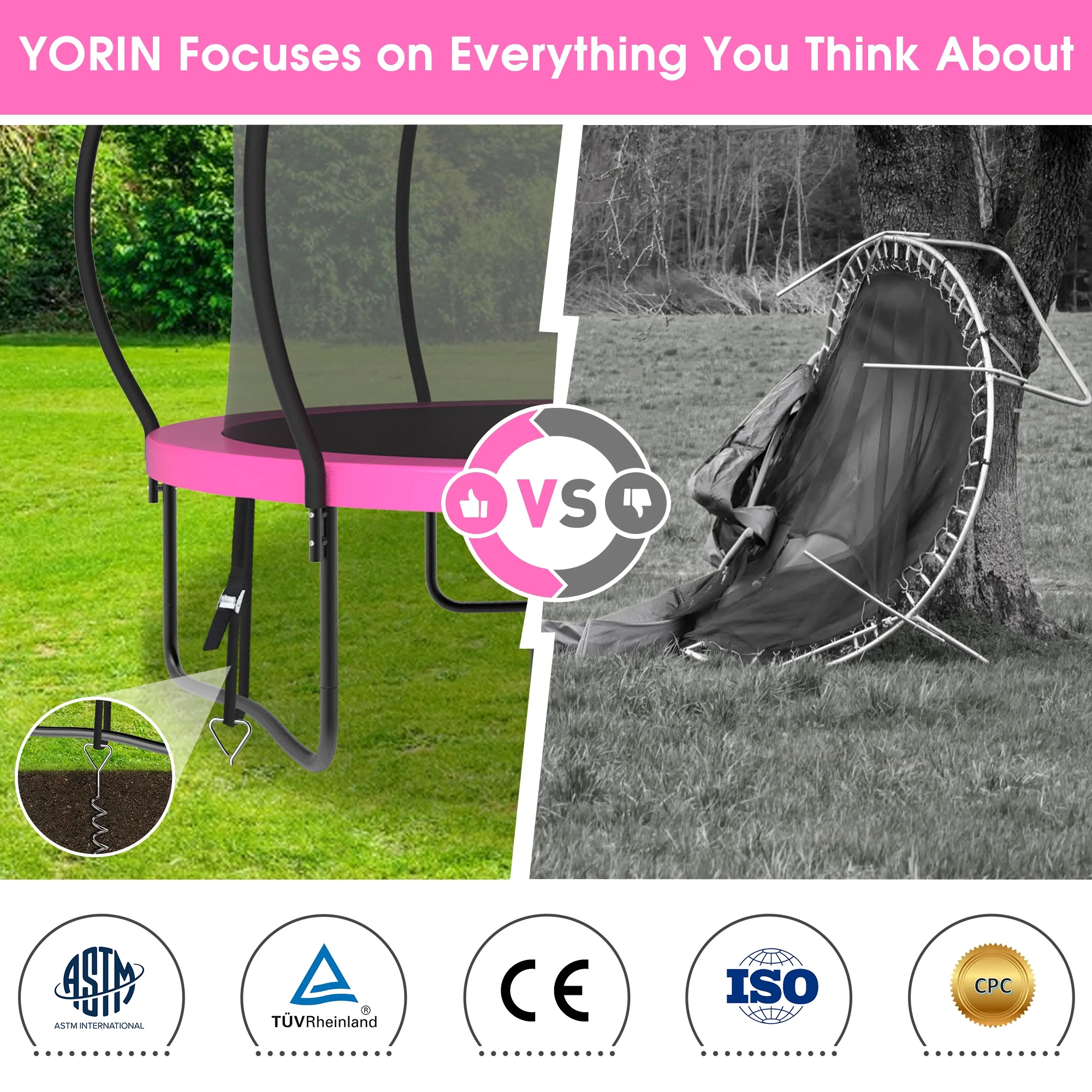 YORIN Trampoline for 2-3 Kids, 8FT 10FT Trampoline for Adults with Enclosure Net, Basketball Hoop, Ladder, 800LBS Outdoor Recreational Trampoline with Light, Sprinkler, Socks, Heavy Duty Trampoline - Womvr