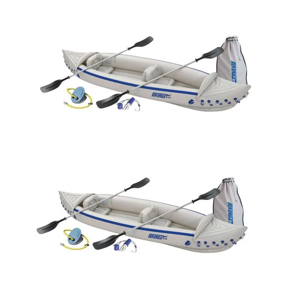 Sea Eagle 370 Deluxe 2 Person Inflatable Portable Sport Kayak & Paddles (2 Pack) - Womvr