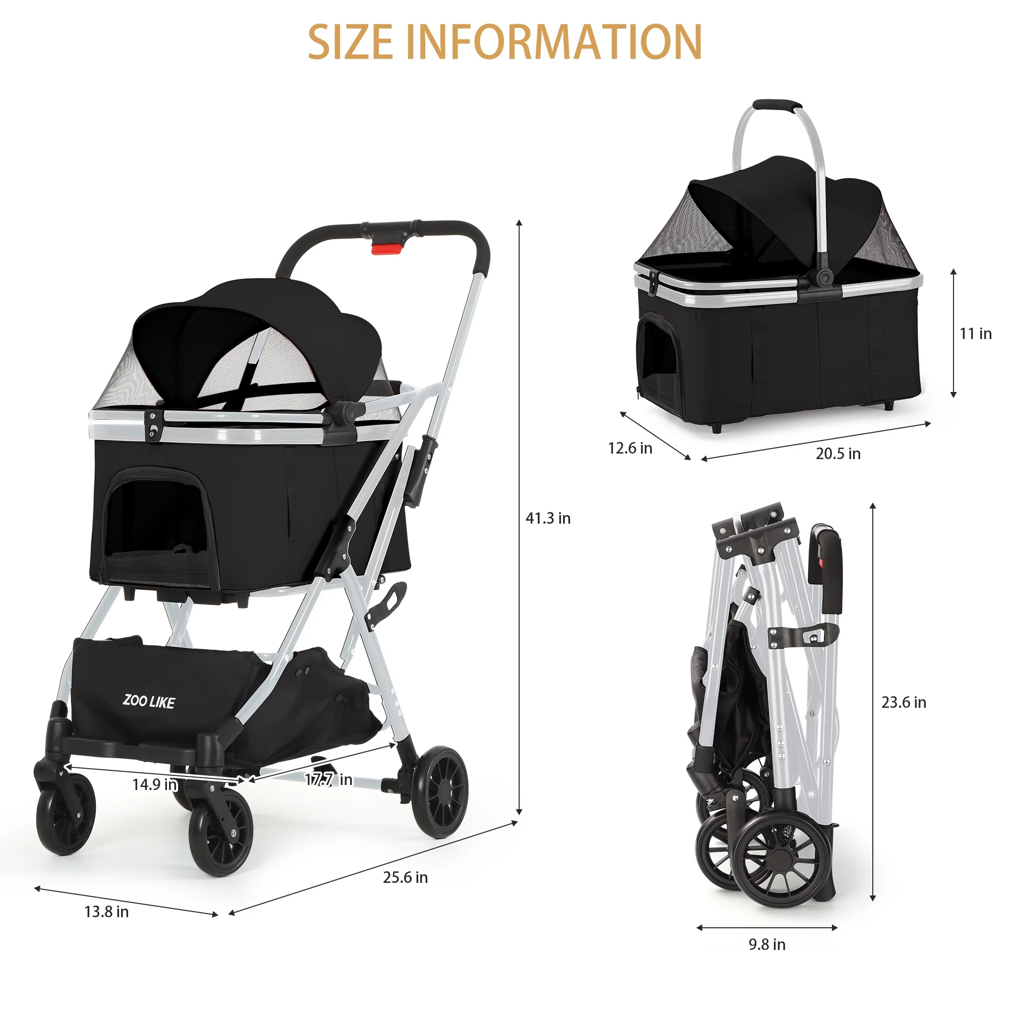 Zoolike Pet Stroller, Dog Cat Stroller 3-in-1 Detachable Doggy Stroller for Small Medium Dogs 4 Wheel Dog Travel Jogger Cart Cat Walker Foldable Wagons for Doggy Rabbit Puppy, Gray - Womvr